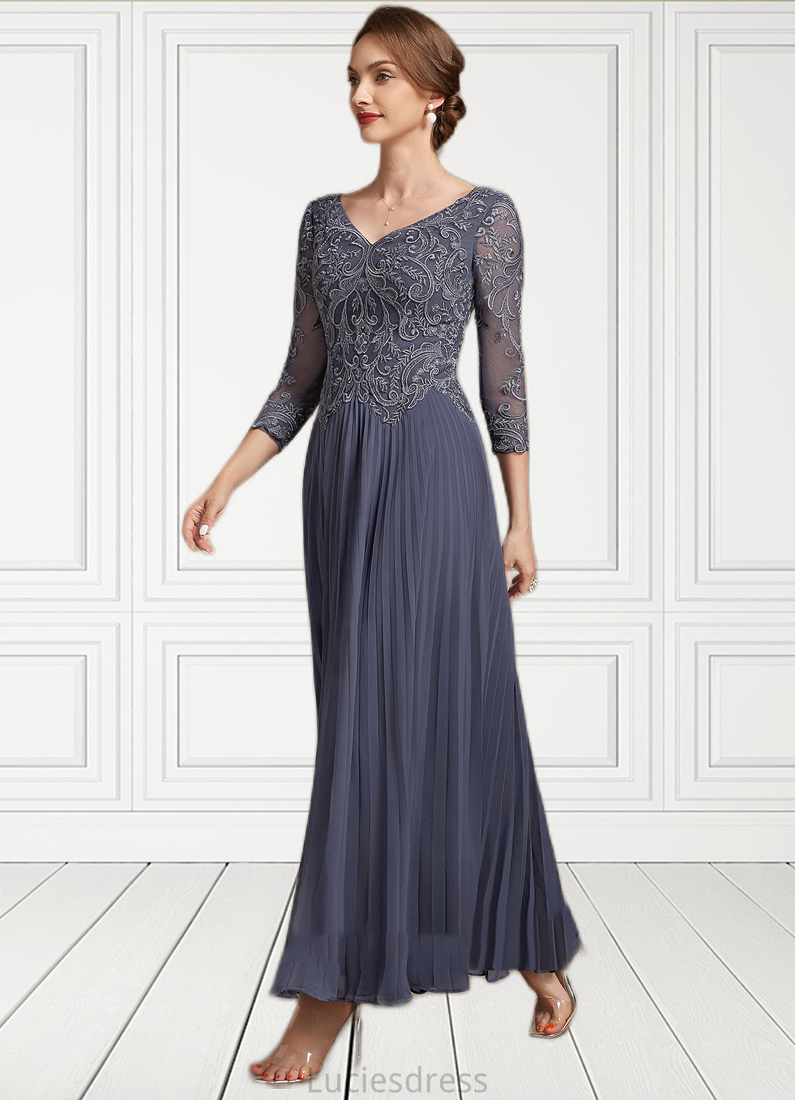 Aurora A-Line V-neck Ankle-Length Chiffon Lace Mother of the Bride Dress HF126P0014899