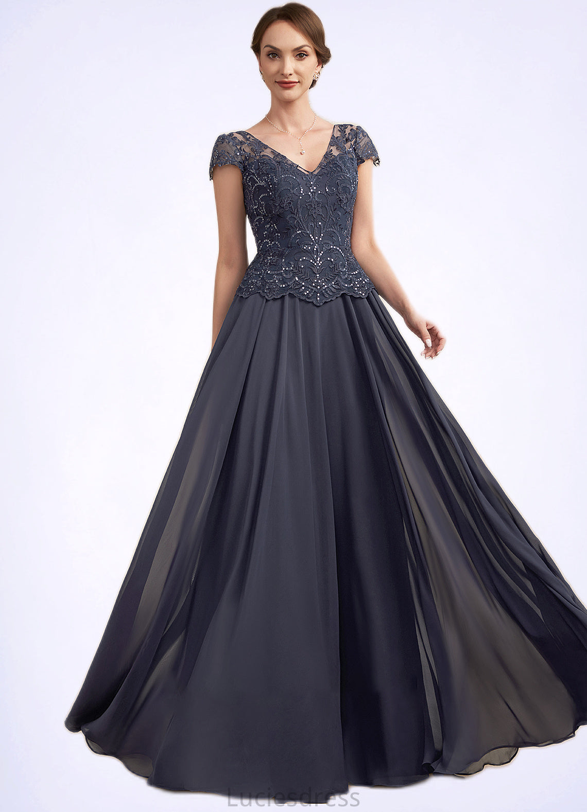 Bella A-Line V-neck Floor-Length Chiffon Lace Mother of the Bride Dress With Sequins HF126P0014901