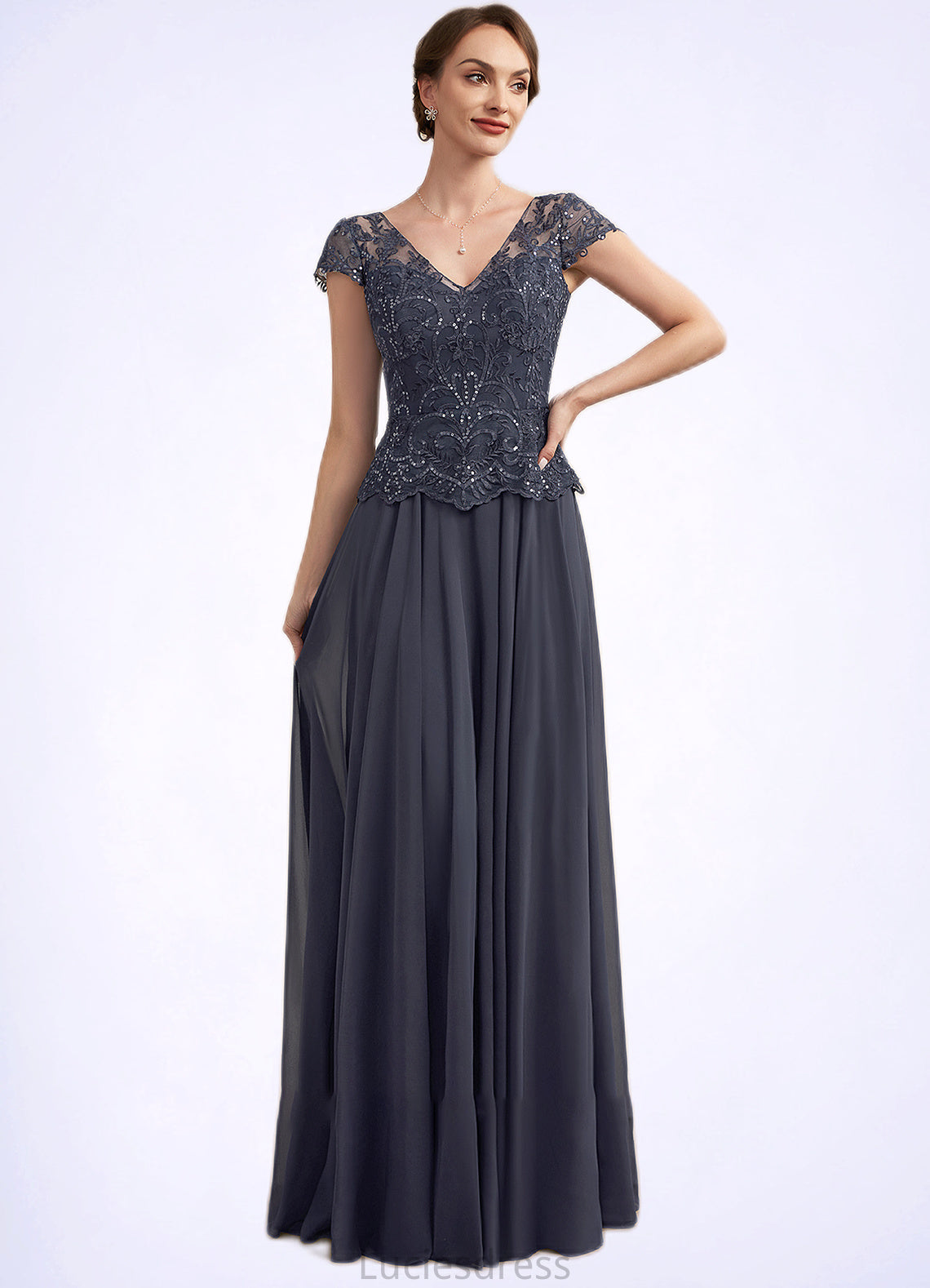 Bella A-Line V-neck Floor-Length Chiffon Lace Mother of the Bride Dress With Sequins HF126P0014901