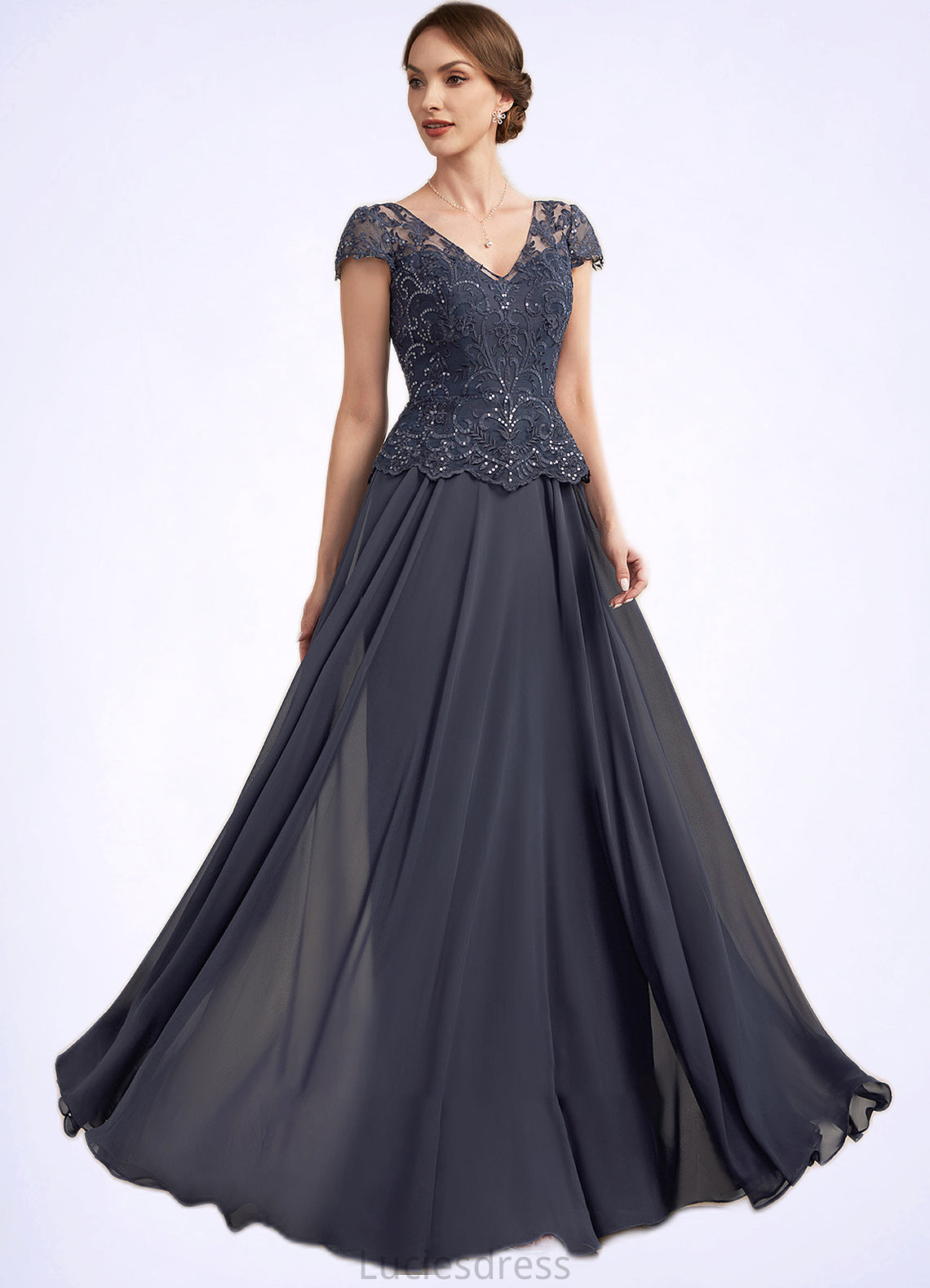 Bella A-Line V-neck Floor-Length Chiffon Lace Mother of the Bride Dress With Sequins HF126P0014901