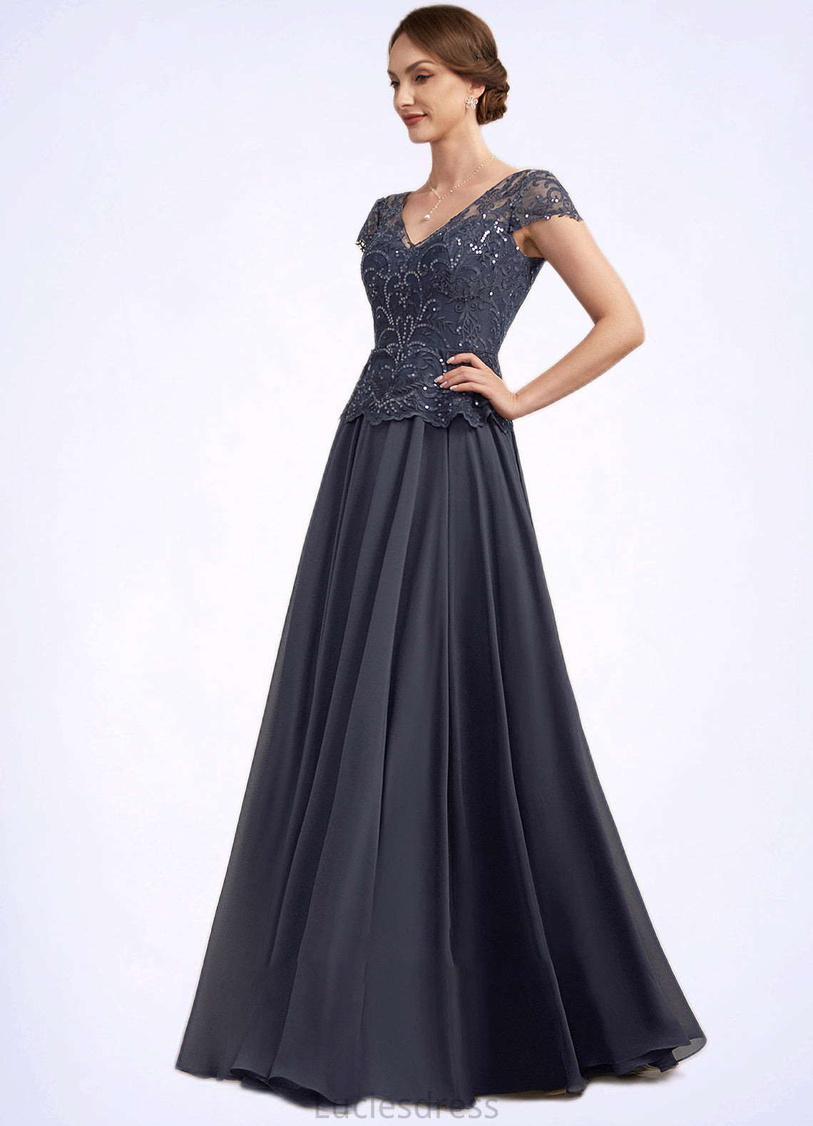 Bella A-Line V-neck Floor-Length Chiffon Lace Mother of the Bride Dress With Sequins HF126P0014901