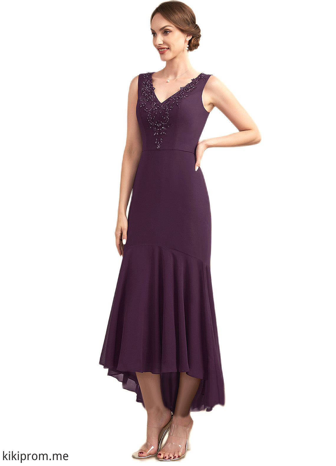 Laura Trumpet/Mermaid V-neck Asymmetrical Chiffon Mother of the Bride Dress With Lace Beading Sequins STF126P0014902