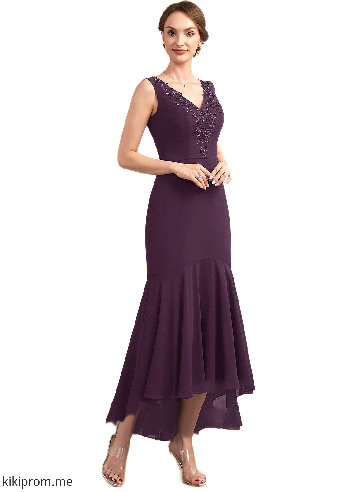 Laura Trumpet/Mermaid V-neck Asymmetrical Chiffon Mother of the Bride Dress With Lace Beading Sequins STF126P0014902