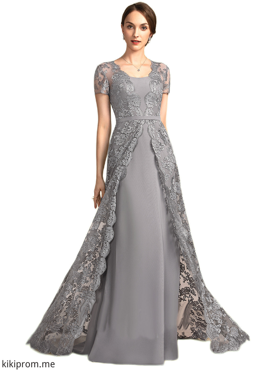 Kennedy A-Line Square Neckline Sweep Train Chiffon Lace Mother of the Bride Dress STF126P0014903