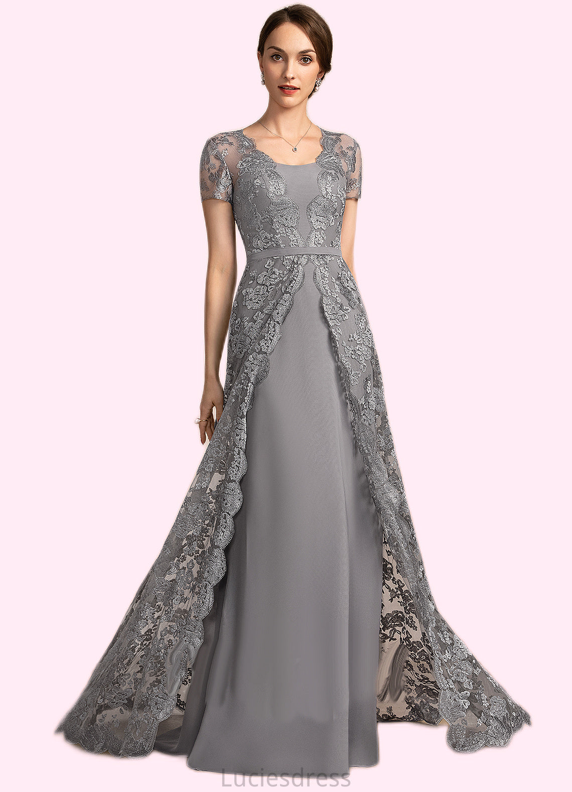 Quinn A-Line Square Neckline Sweep Train Chiffon Lace Mother of the Bride Dress HF126P0014903