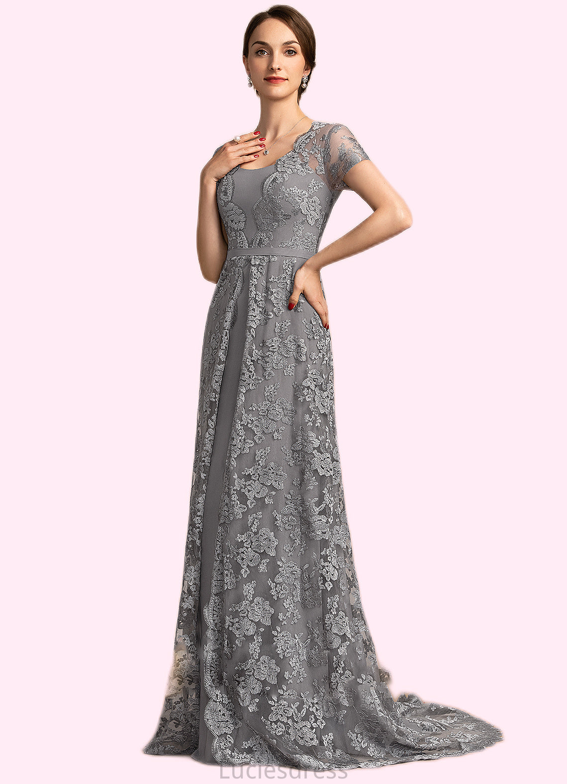 Quinn A-Line Square Neckline Sweep Train Chiffon Lace Mother of the Bride Dress HF126P0014903