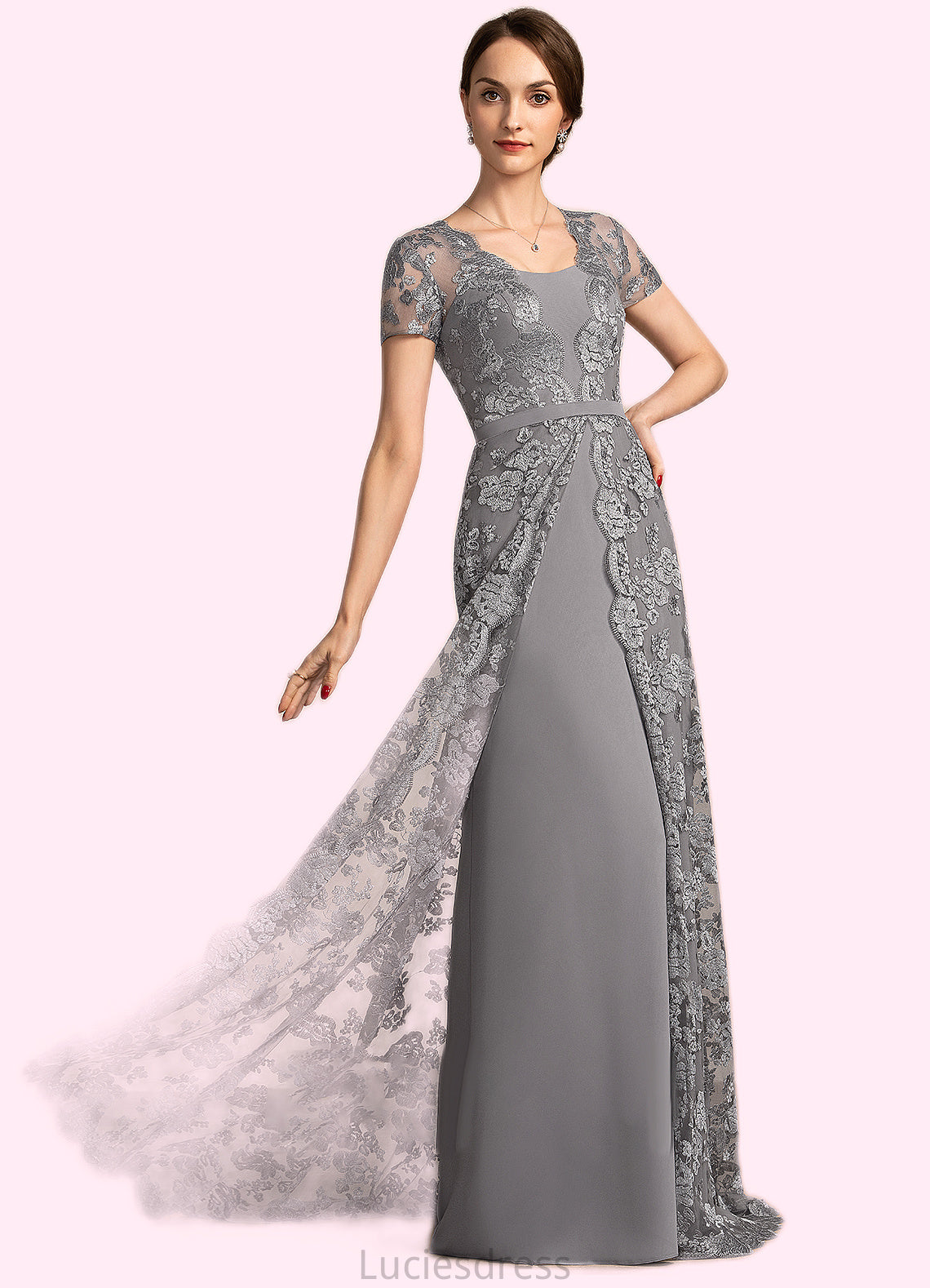 Quinn A-Line Square Neckline Sweep Train Chiffon Lace Mother of the Bride Dress HF126P0014903