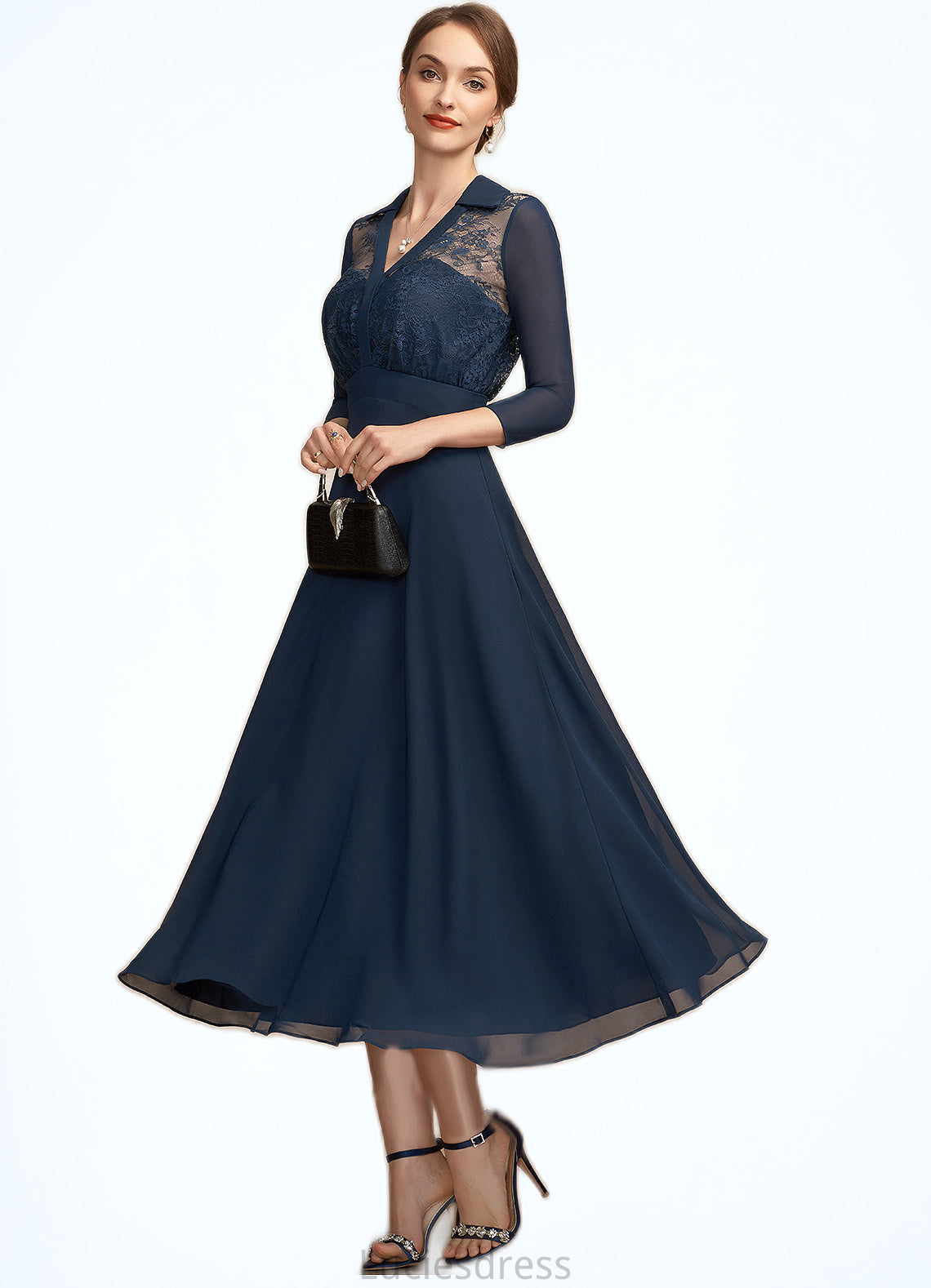 Maritza A-Line V-neck Tea-Length Chiffon Lace Mother of the Bride Dress HF126P0014905