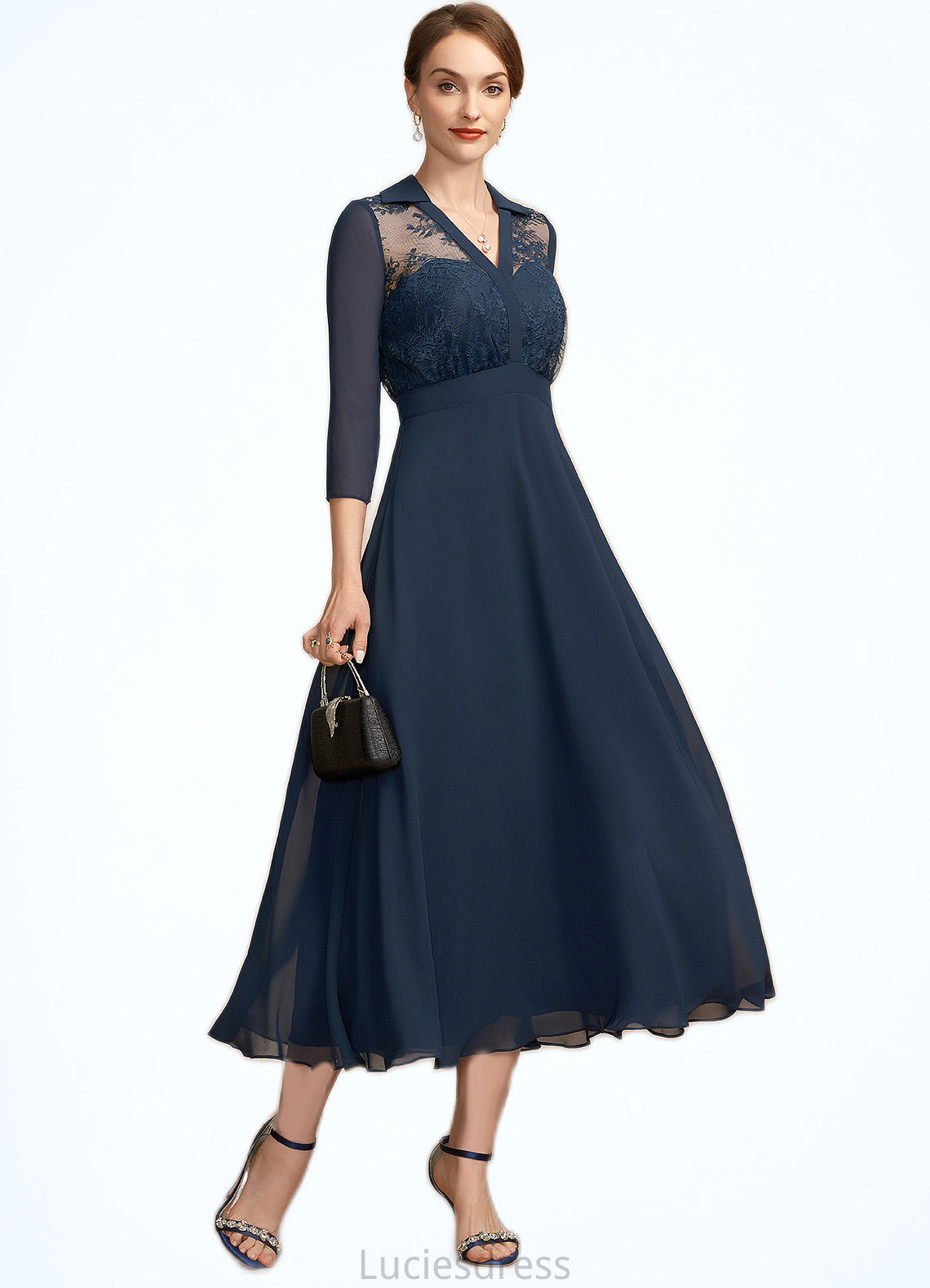 Maritza A-Line V-neck Tea-Length Chiffon Lace Mother of the Bride Dress HF126P0014905