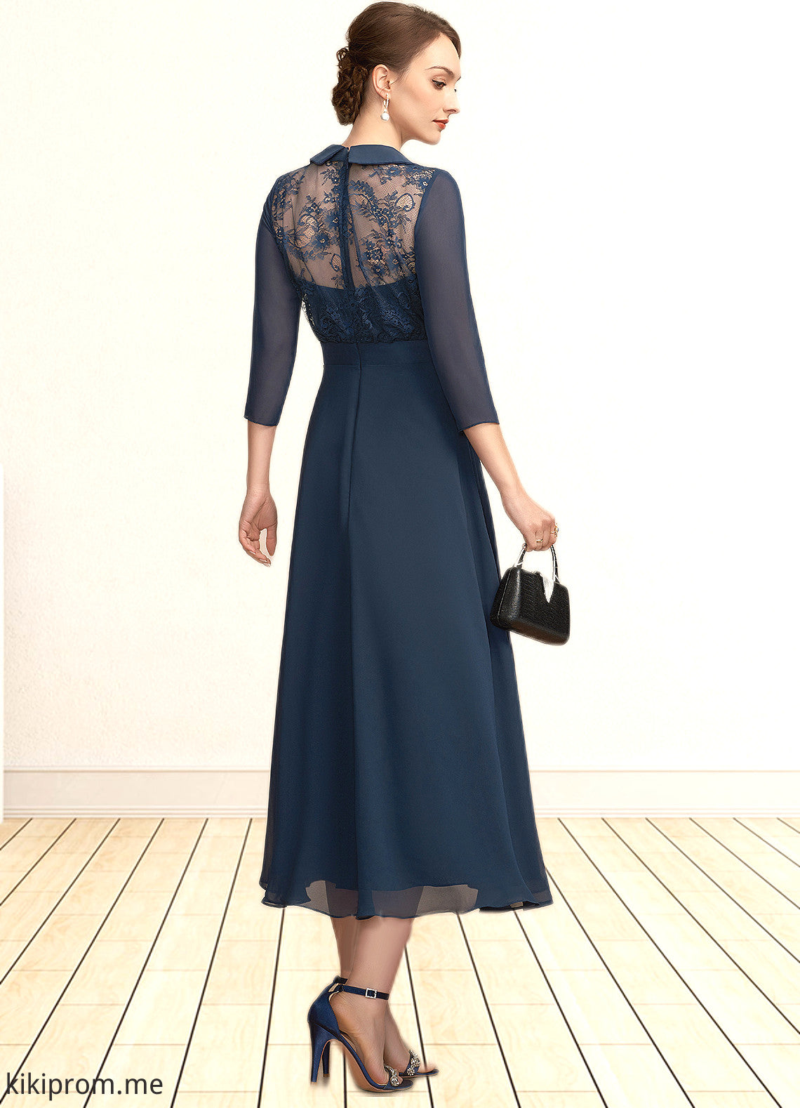 Lillianna A-Line V-neck Tea-Length Chiffon Lace Mother of the Bride Dress STF126P0014905