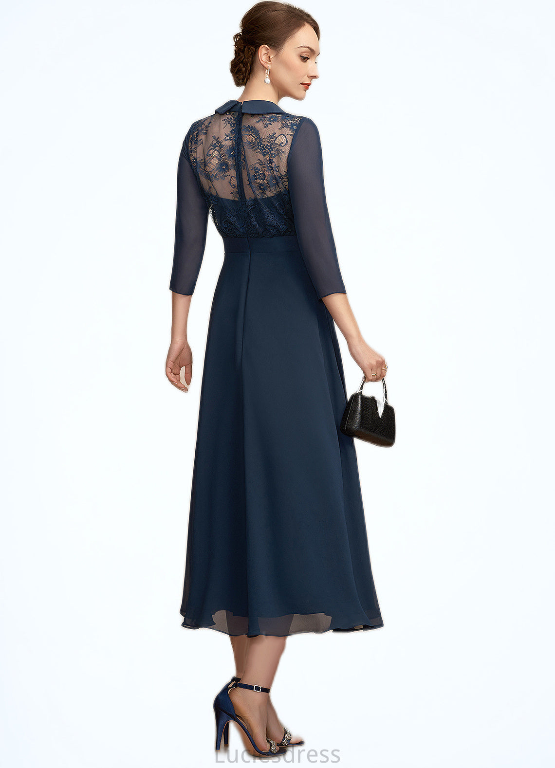 Maritza A-Line V-neck Tea-Length Chiffon Lace Mother of the Bride Dress HF126P0014905