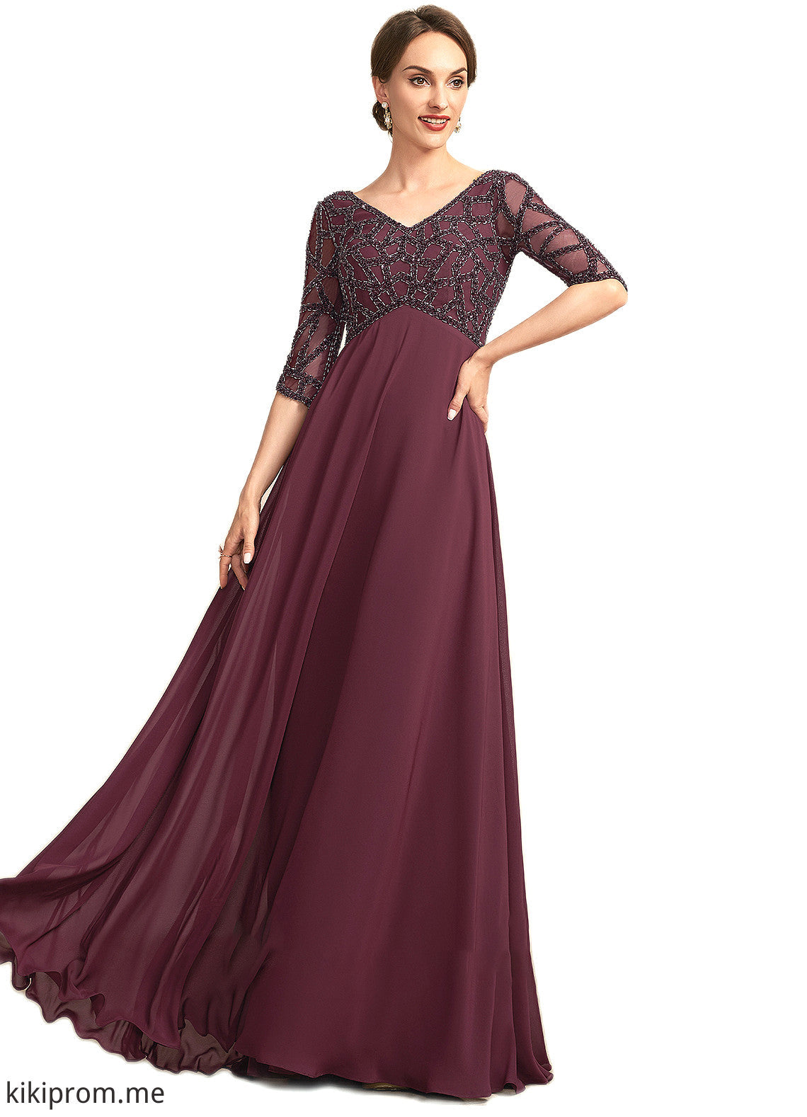 Bella Empire V-neck Floor-Length Chiffon Mother of the Bride Dress With Beading STF126P0014906