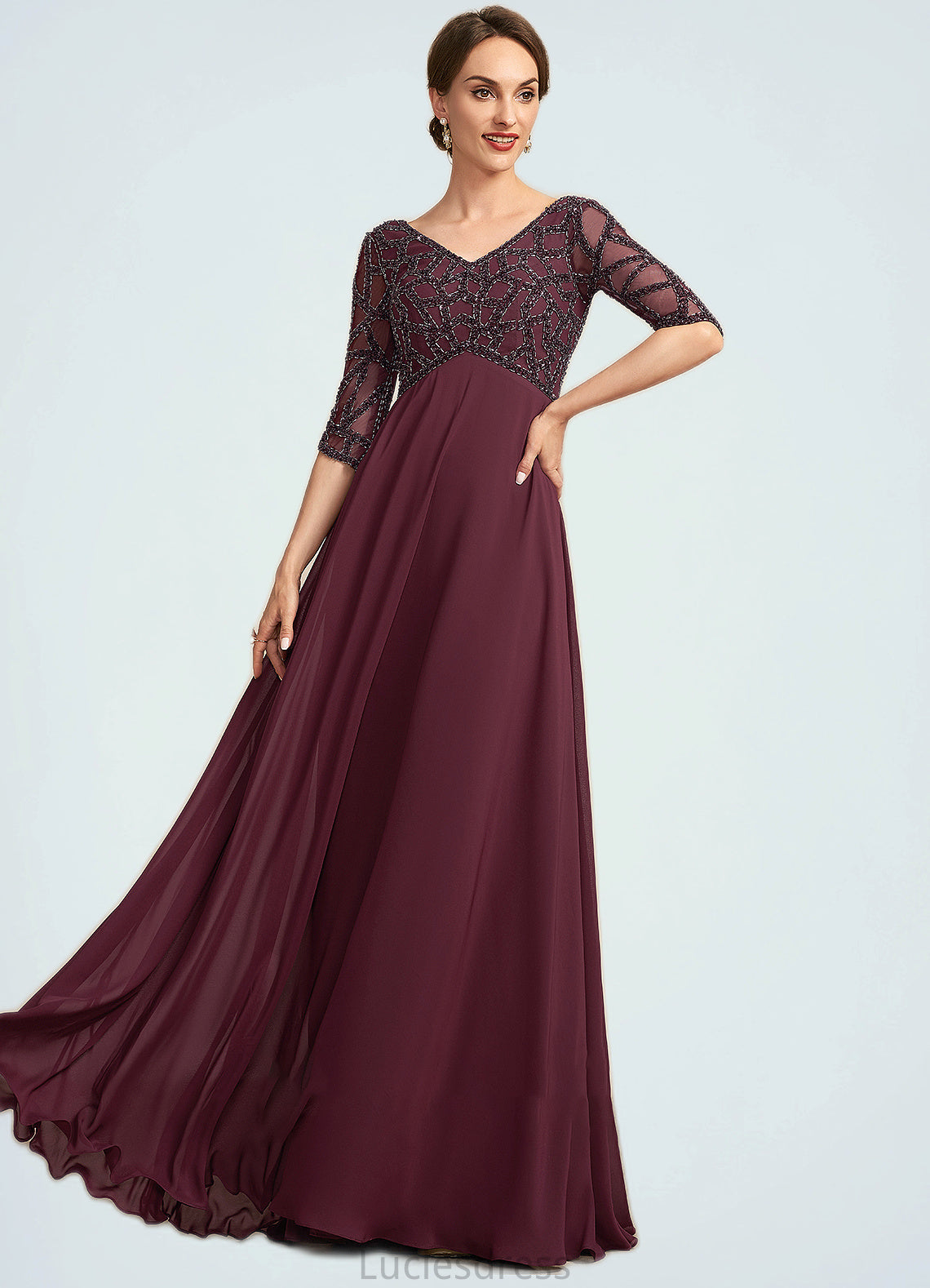 Julie Empire V-neck Floor-Length Chiffon Mother of the Bride Dress With Beading HF126P0014906