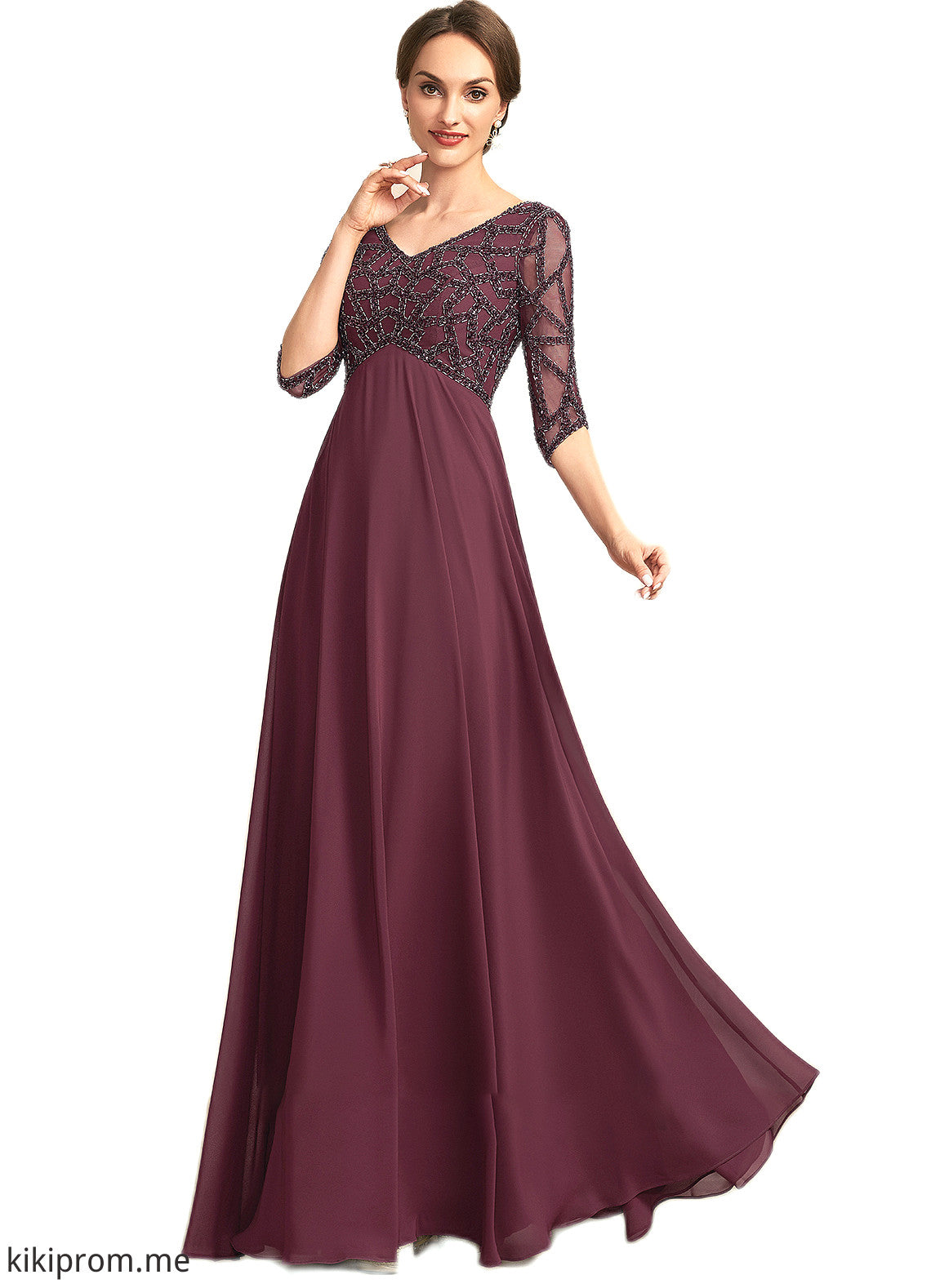 Bella Empire V-neck Floor-Length Chiffon Mother of the Bride Dress With Beading STF126P0014906