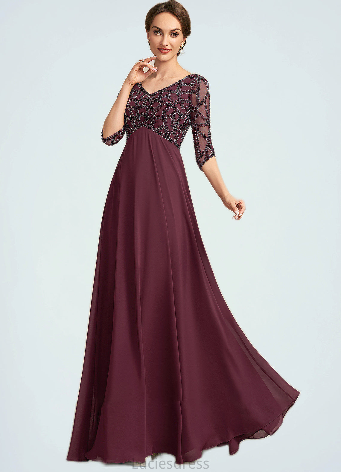 Julie Empire V-neck Floor-Length Chiffon Mother of the Bride Dress With Beading HF126P0014906