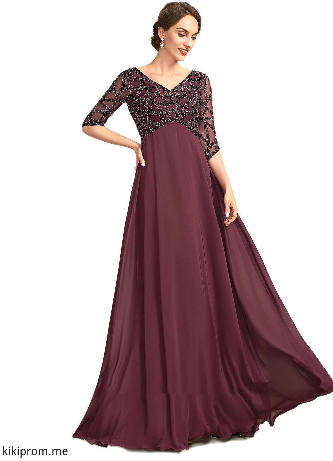 Bella Empire V-neck Floor-Length Chiffon Mother of the Bride Dress With Beading STF126P0014906