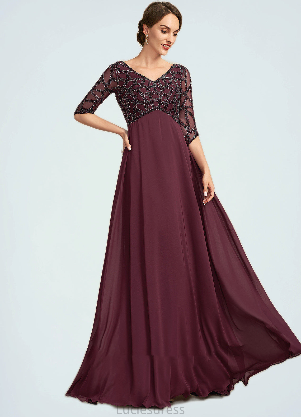 Julie Empire V-neck Floor-Length Chiffon Mother of the Bride Dress With Beading HF126P0014906