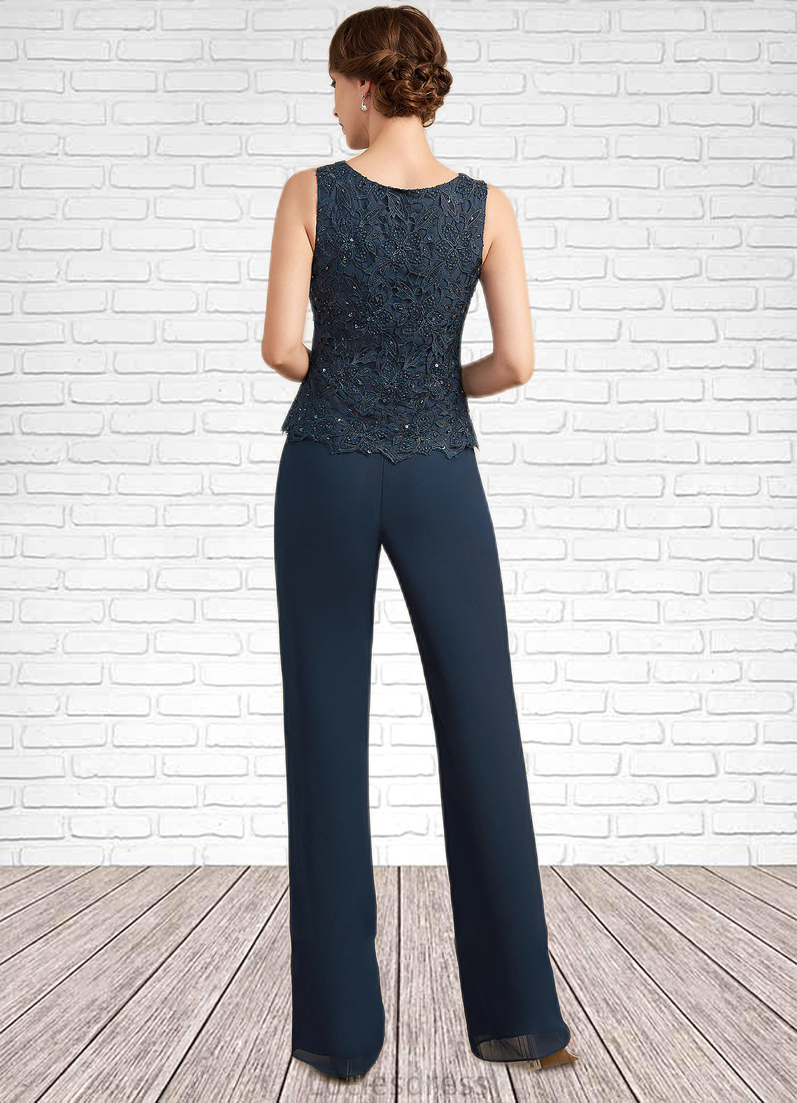 Londyn Jumpsuit/Pantsuit Scoop Neck Floor-Length Chiffon Lace Mother of the Bride Dress With Beading Sequins HF126P0014910