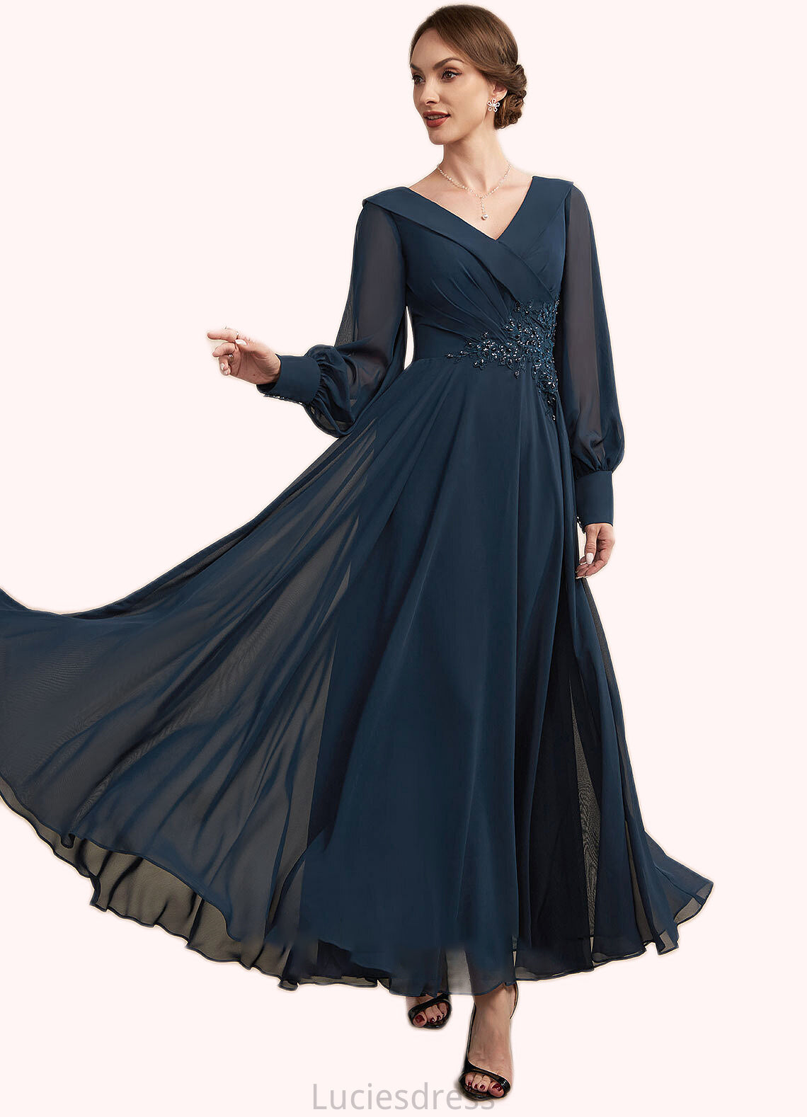 Harmony A-Line V-neck Ankle-Length Chiffon Mother of the Bride Dress With Ruffle Beading Appliques Lace Sequins HF126P0014915