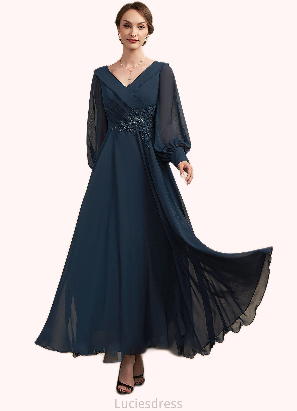 Harmony A-Line V-neck Ankle-Length Chiffon Mother of the Bride Dress With Ruffle Beading Appliques Lace Sequins HF126P0014915