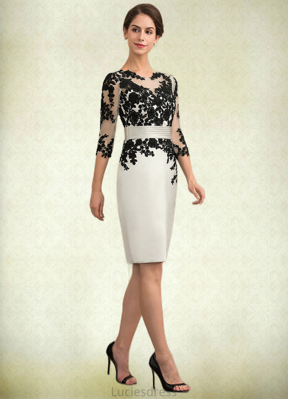 Lilyana Sheath/Column Scoop Neck Knee-Length Satin Lace Mother of the Bride Dress With Beading Sequins HF126P0014916