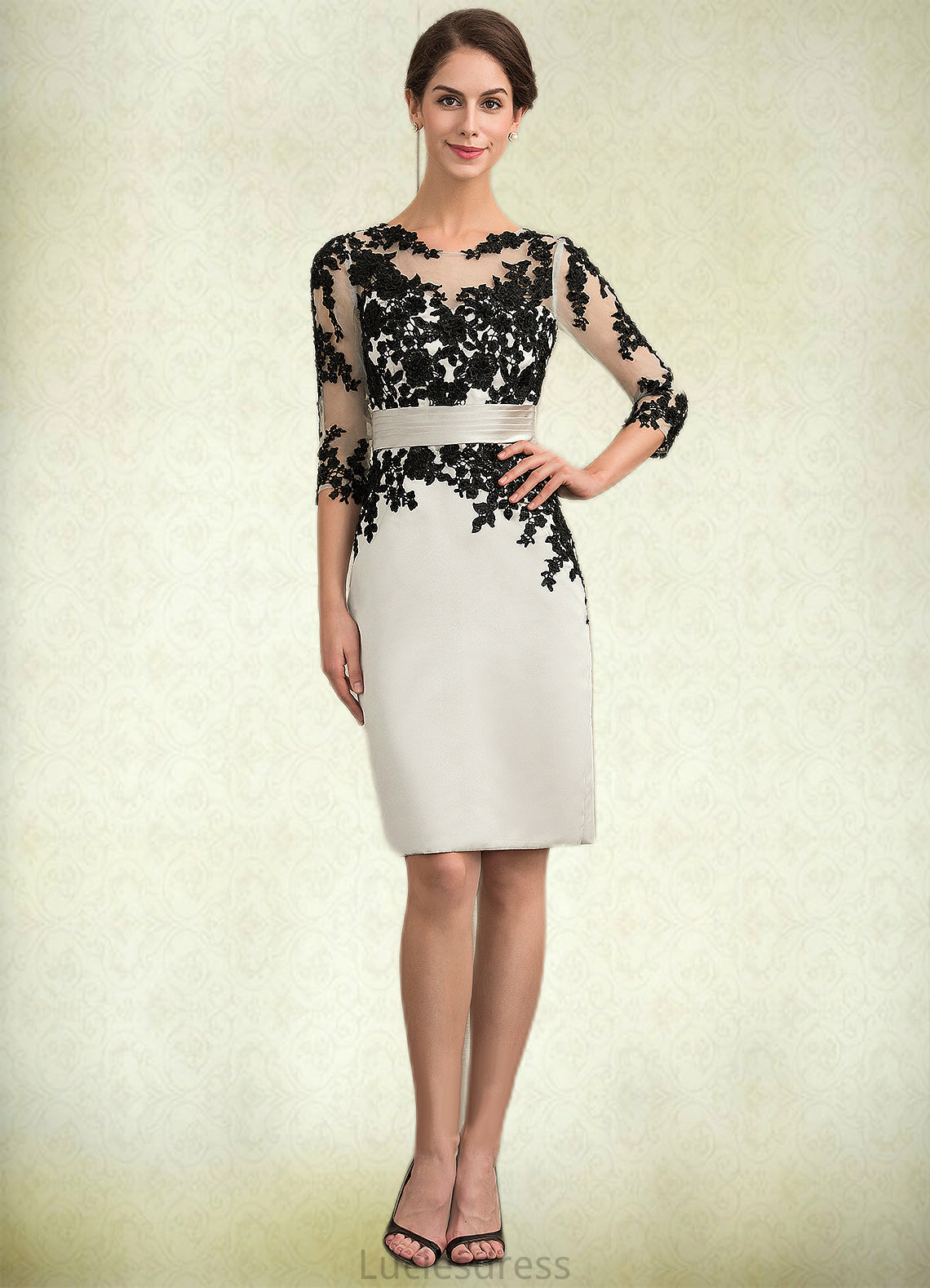 Lilyana Sheath/Column Scoop Neck Knee-Length Satin Lace Mother of the Bride Dress With Beading Sequins HF126P0014916