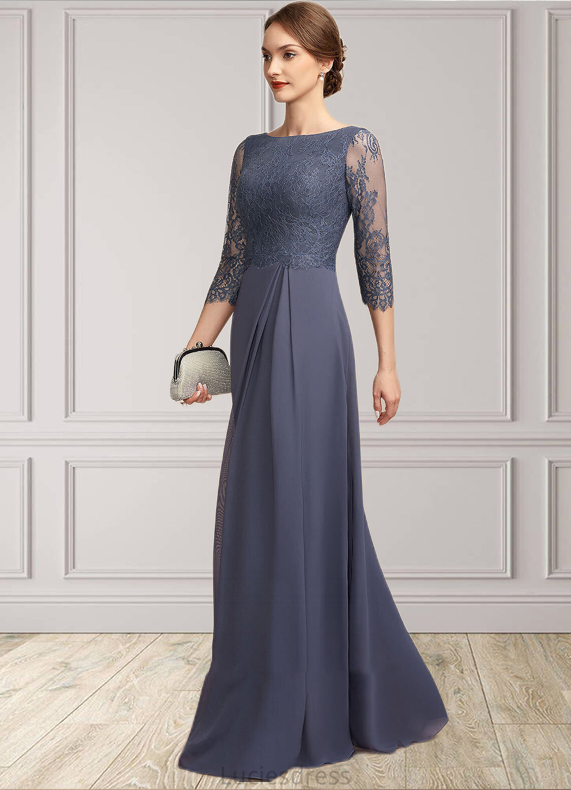 Serenity A-Line Scoop Neck Floor-Length Chiffon Lace Mother of the Bride Dress With Ruffle HF126P0014917