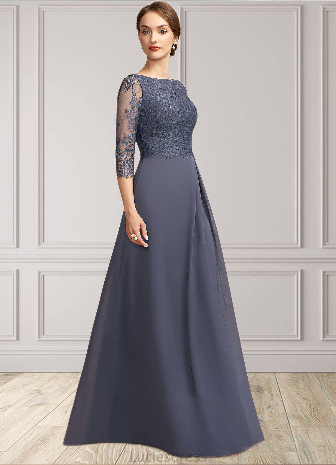 Serenity A-Line Scoop Neck Floor-Length Chiffon Lace Mother of the Bride Dress With Ruffle HF126P0014917