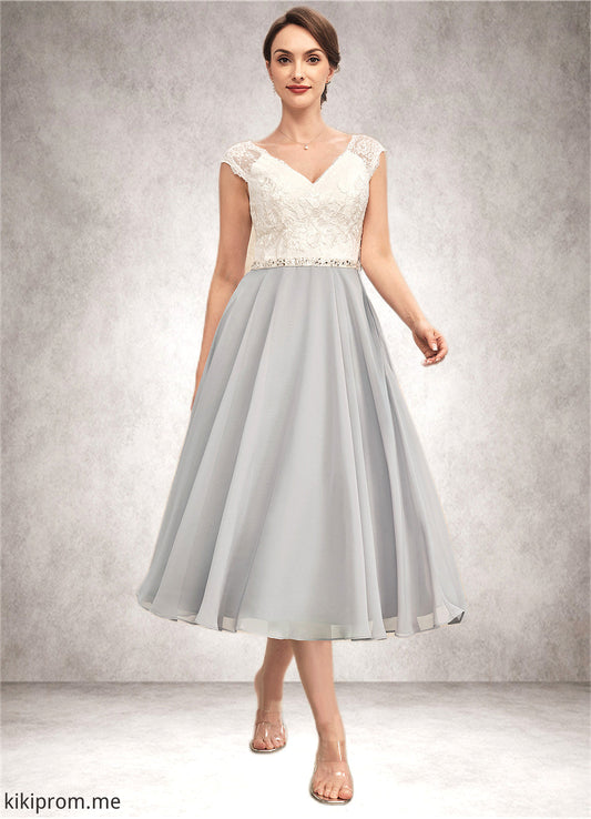 Madelyn A-Line V-neck Tea-Length Chiffon Lace Mother of the Bride Dress With Beading STF126P0014919