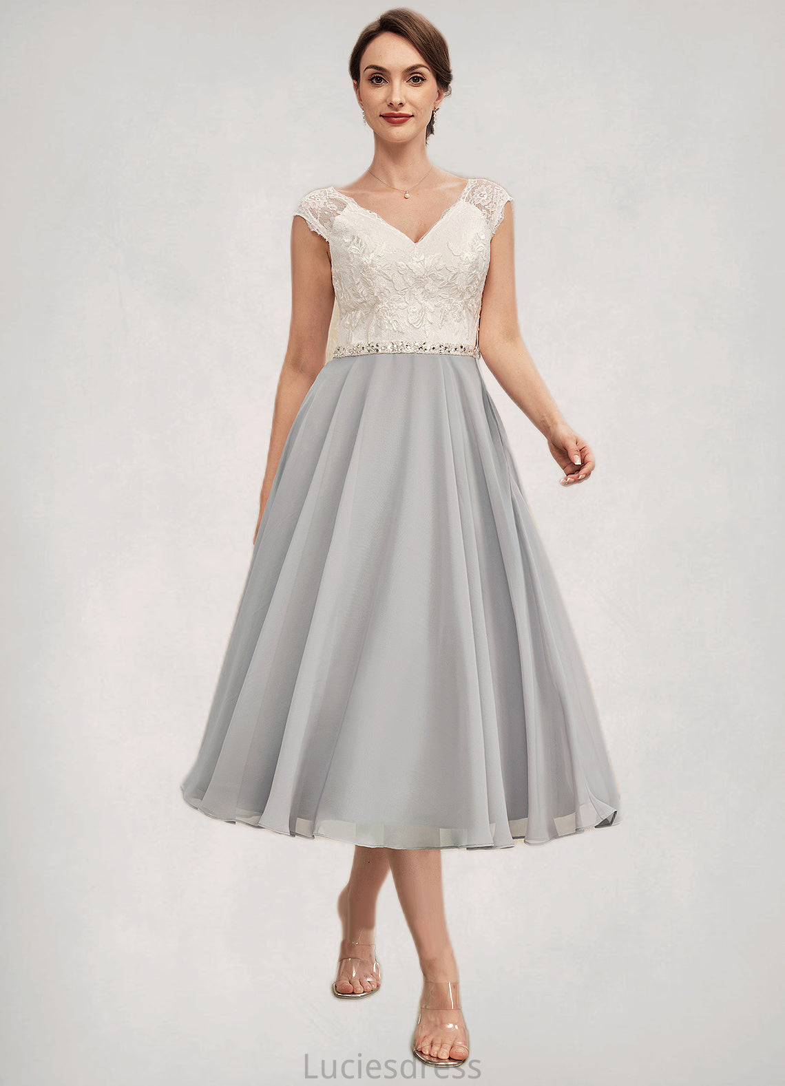 Danna A-Line V-neck Tea-Length Chiffon Lace Mother of the Bride Dress With Beading HF126P0014919