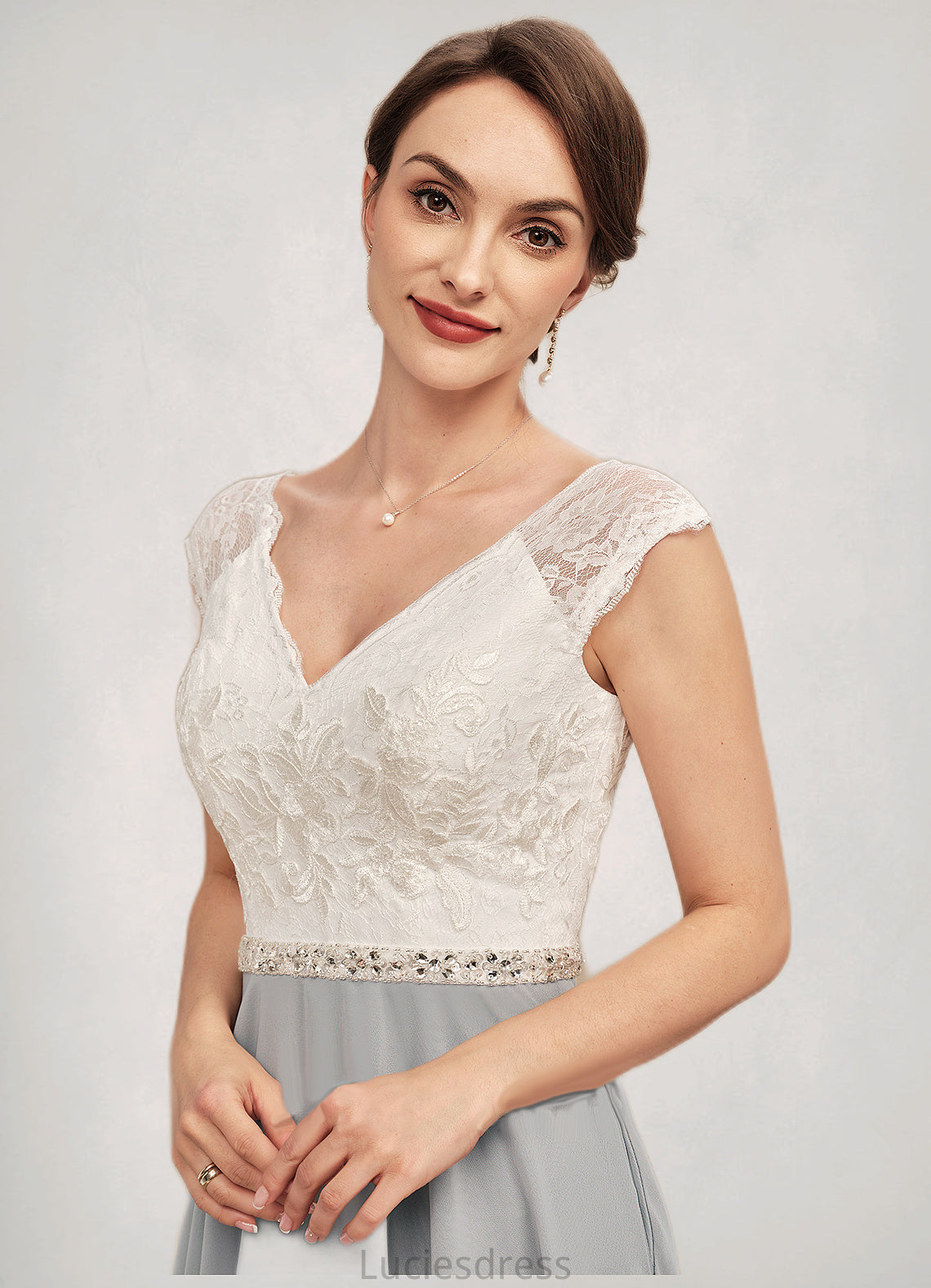 Danna A-Line V-neck Tea-Length Chiffon Lace Mother of the Bride Dress With Beading HF126P0014919