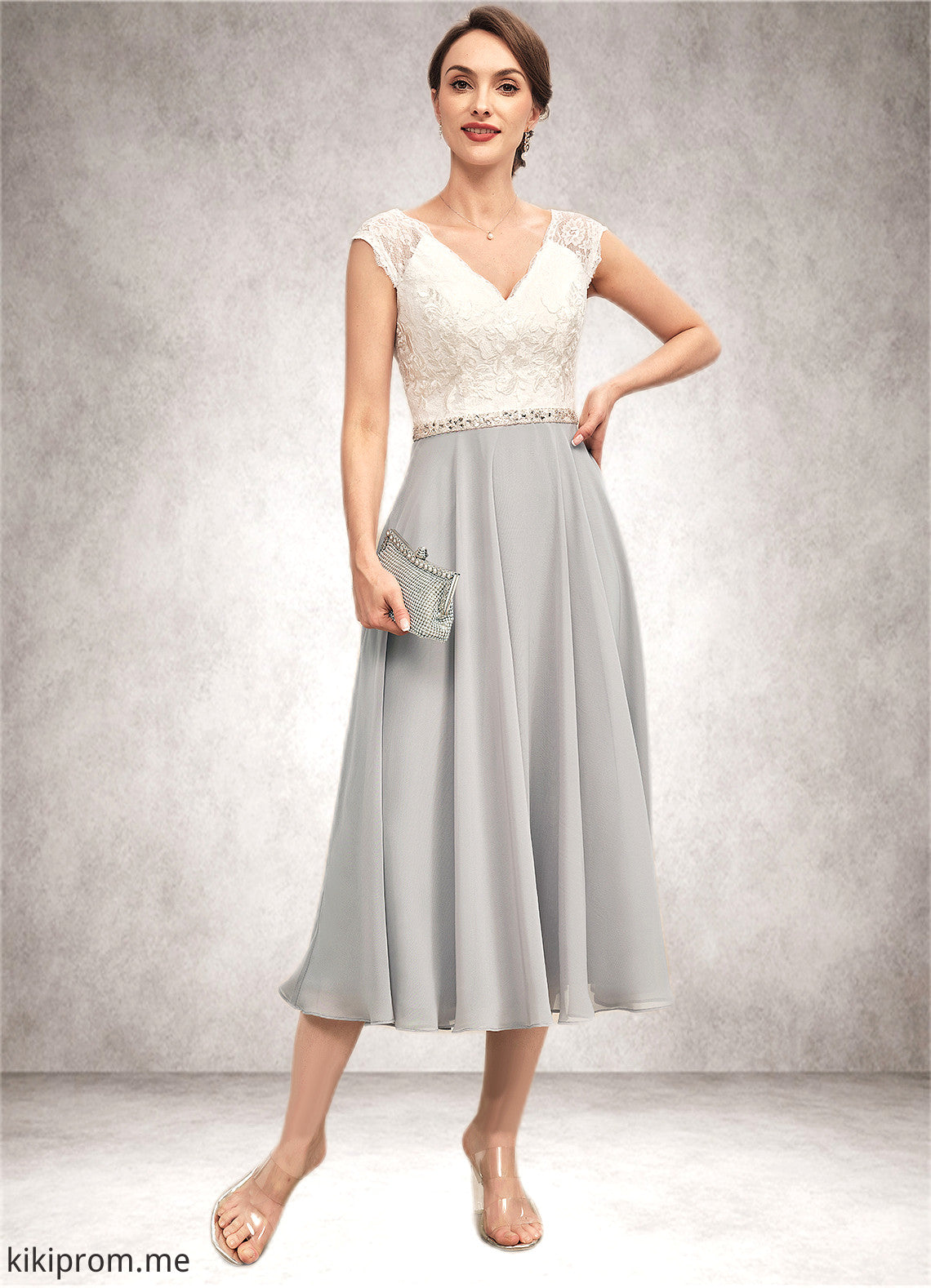 Madelyn A-Line V-neck Tea-Length Chiffon Lace Mother of the Bride Dress With Beading STF126P0014919