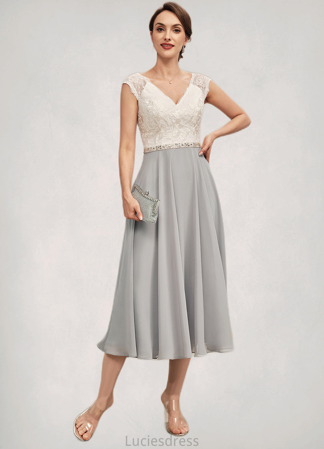 Danna A-Line V-neck Tea-Length Chiffon Lace Mother of the Bride Dress With Beading HF126P0014919