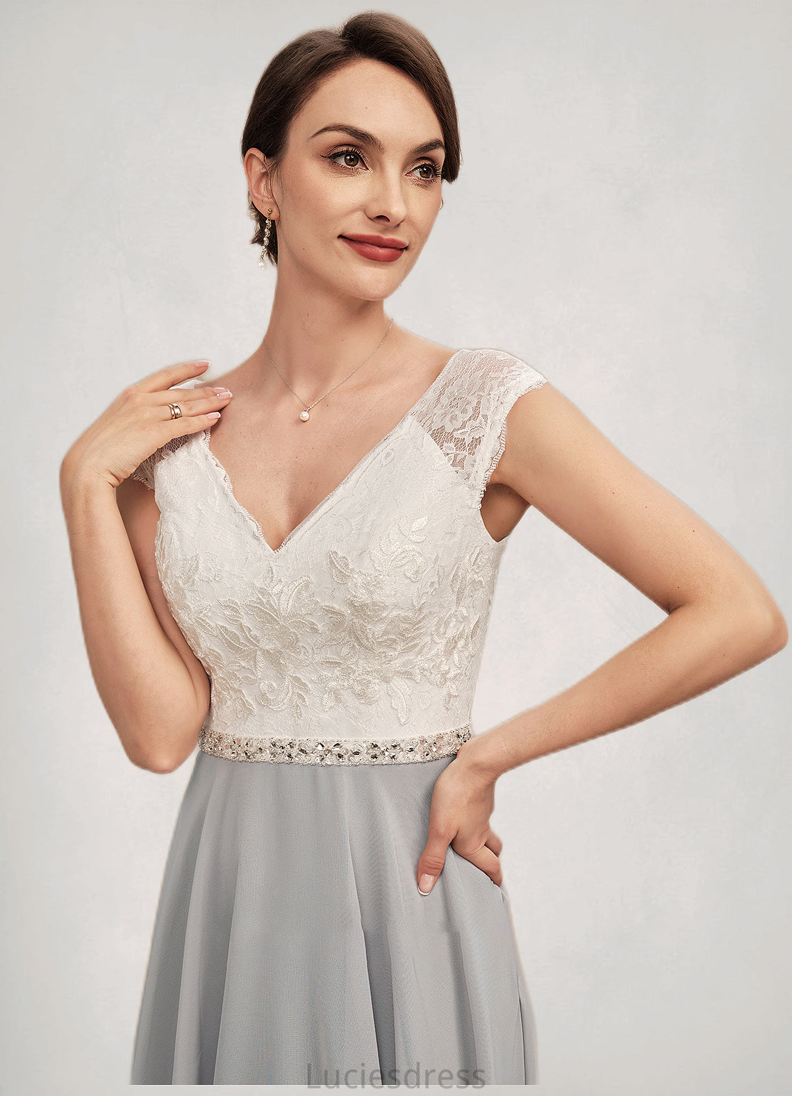 Danna A-Line V-neck Tea-Length Chiffon Lace Mother of the Bride Dress With Beading HF126P0014919