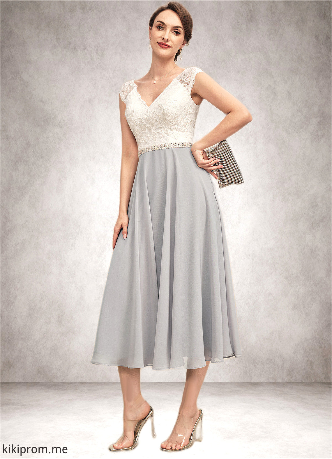 Madelyn A-Line V-neck Tea-Length Chiffon Lace Mother of the Bride Dress With Beading STF126P0014919