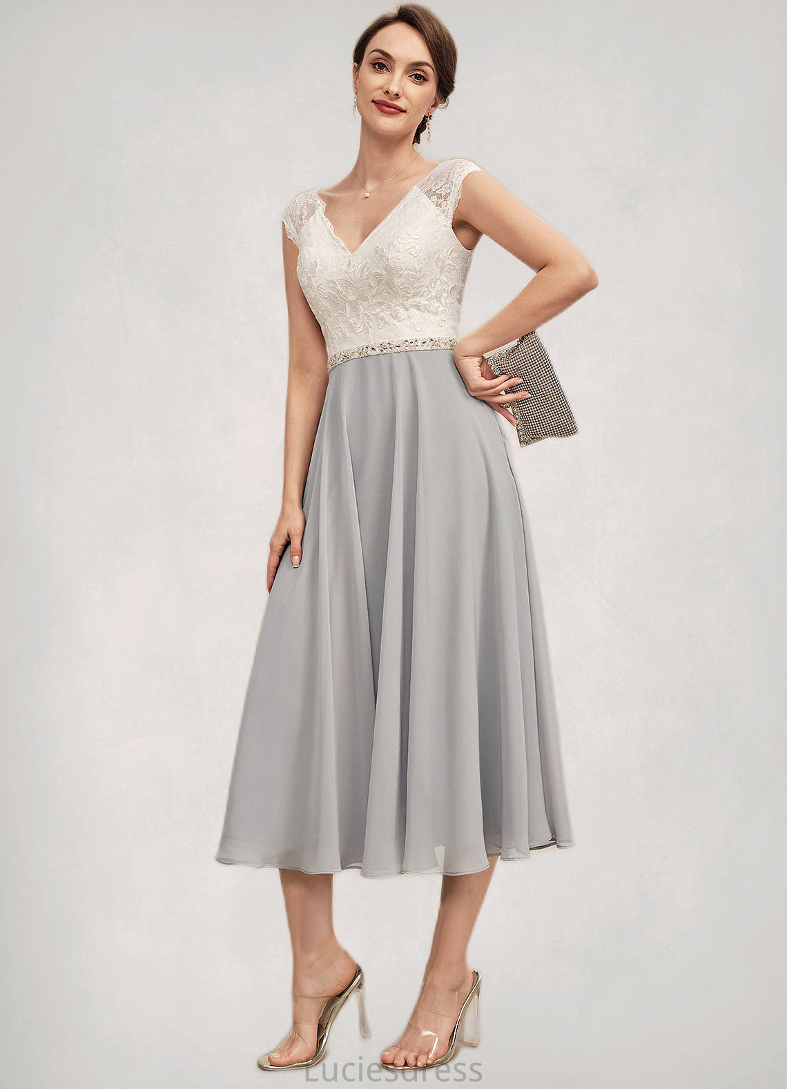 Danna A-Line V-neck Tea-Length Chiffon Lace Mother of the Bride Dress With Beading HF126P0014919