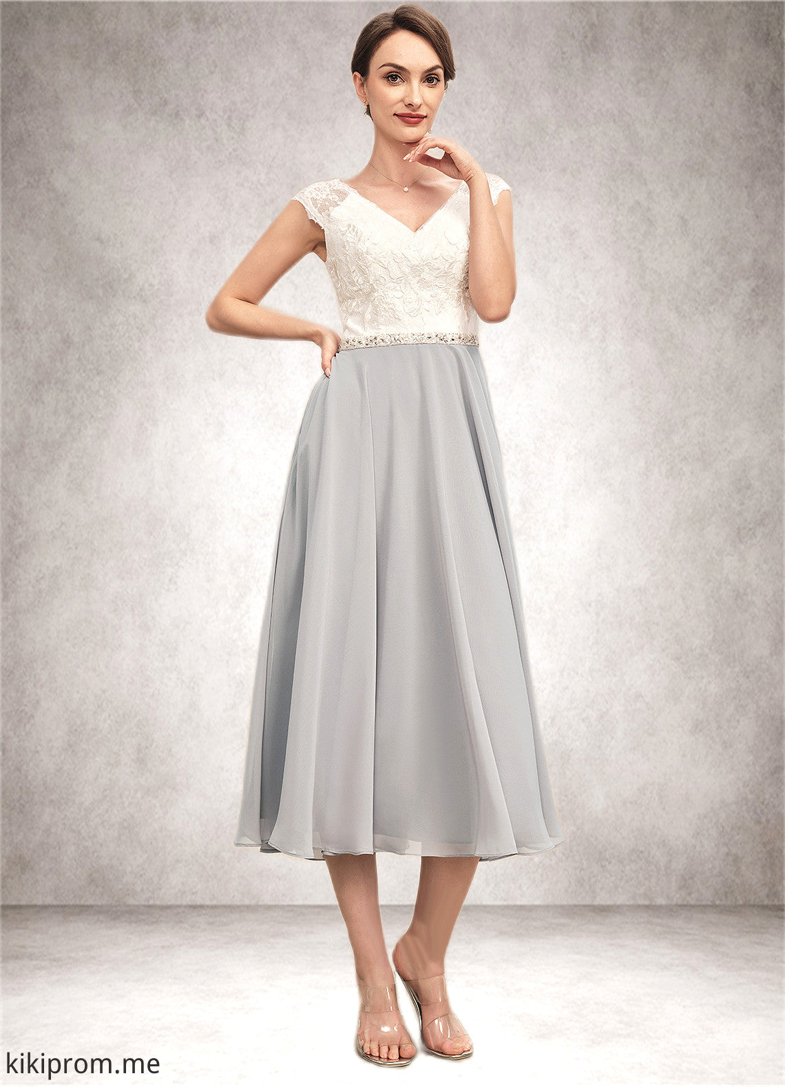 Madelyn A-Line V-neck Tea-Length Chiffon Lace Mother of the Bride Dress With Beading STF126P0014919