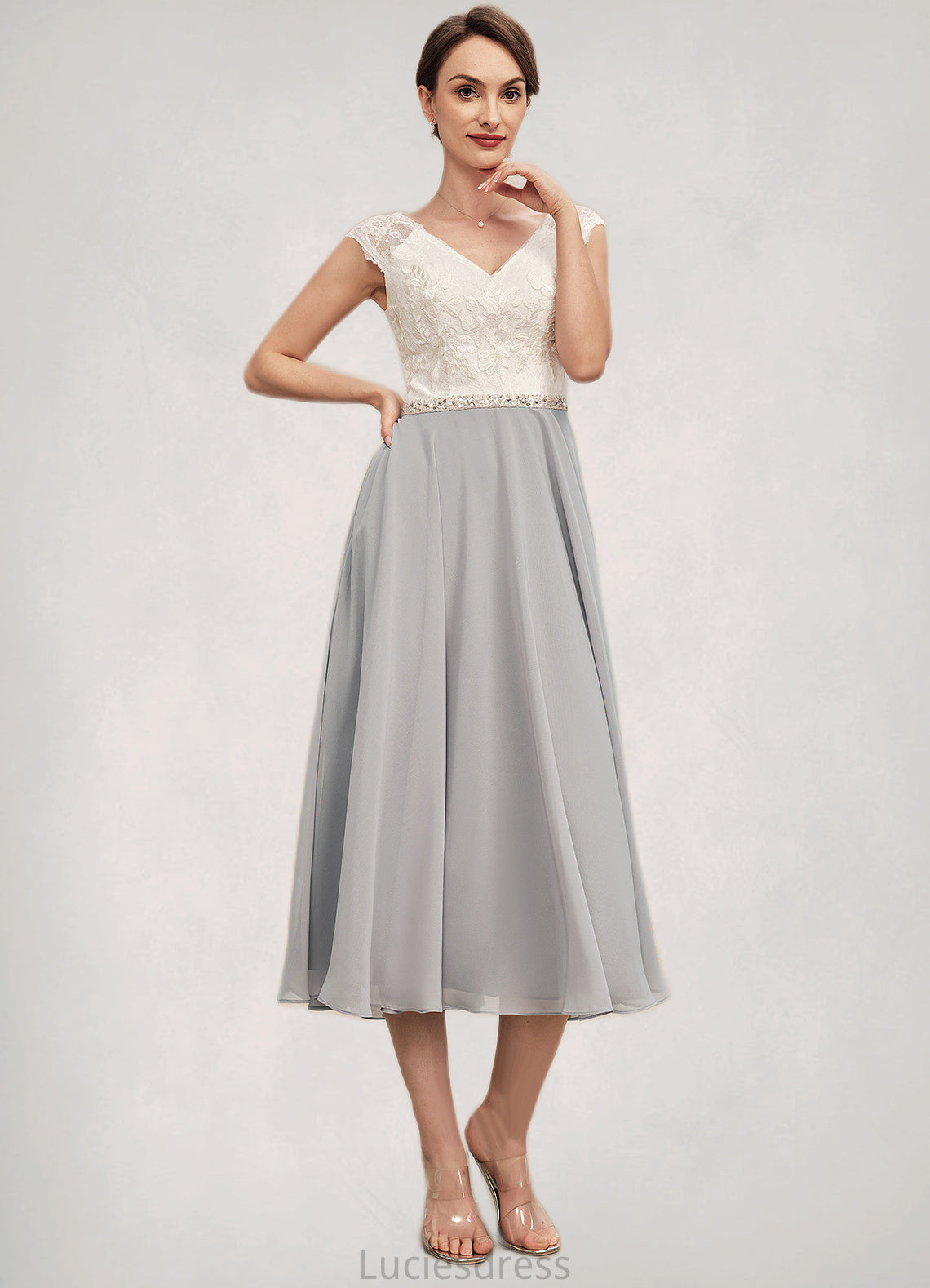 Danna A-Line V-neck Tea-Length Chiffon Lace Mother of the Bride Dress With Beading HF126P0014919