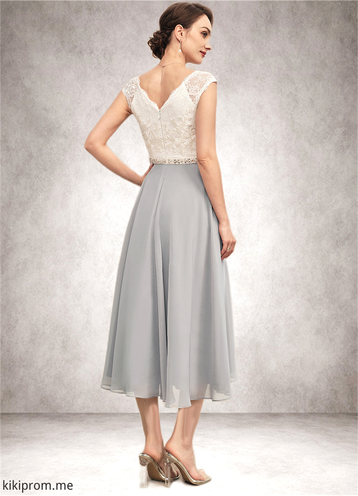 Madelyn A-Line V-neck Tea-Length Chiffon Lace Mother of the Bride Dress With Beading STF126P0014919