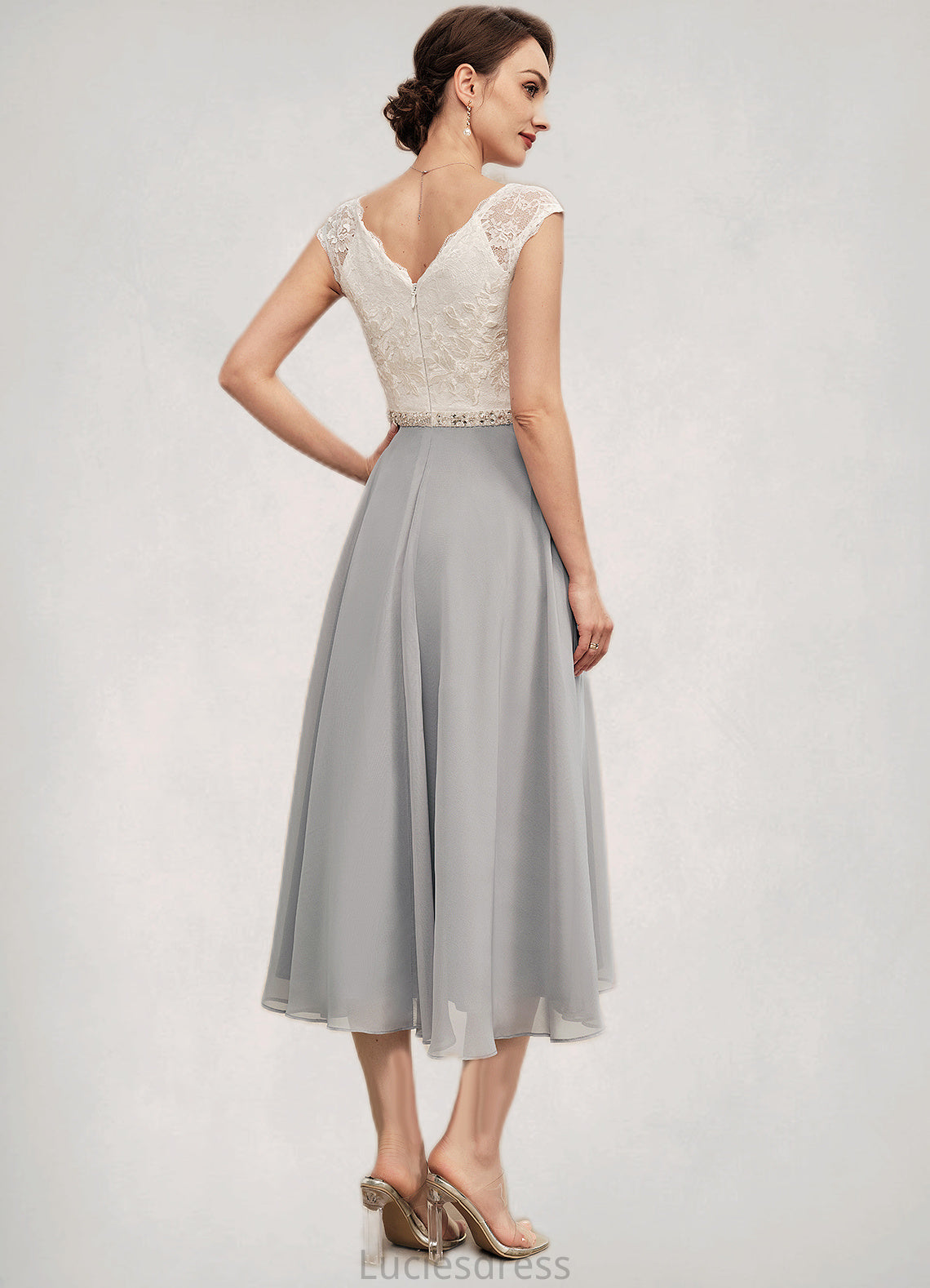 Danna A-Line V-neck Tea-Length Chiffon Lace Mother of the Bride Dress With Beading HF126P0014919