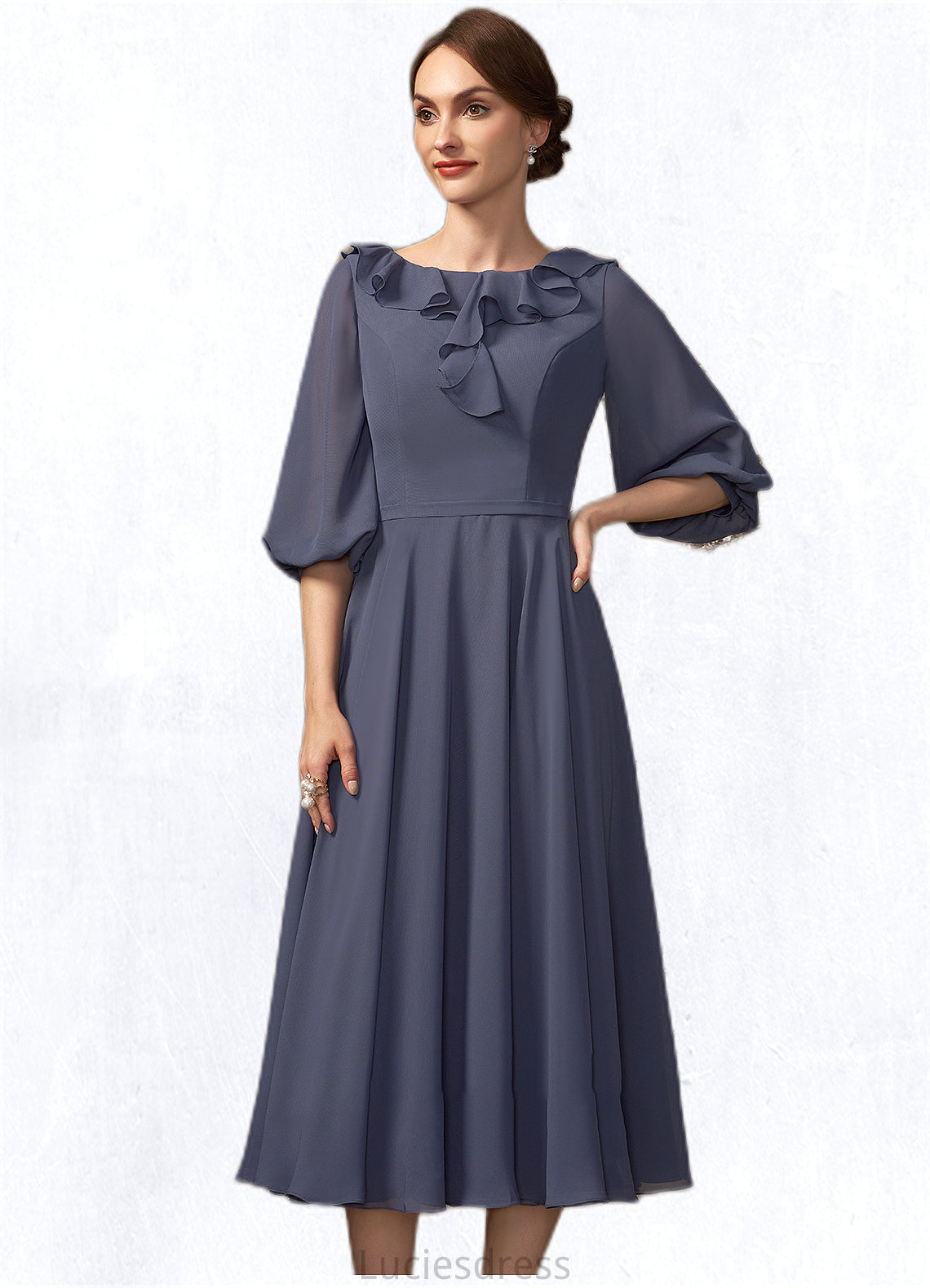 Allison A-Line Scoop Neck Tea-Length Chiffon Mother of the Bride Dress With Cascading Ruffles HF126P0014920