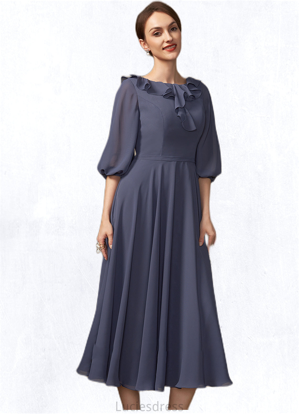 Allison A-Line Scoop Neck Tea-Length Chiffon Mother of the Bride Dress With Cascading Ruffles HF126P0014920