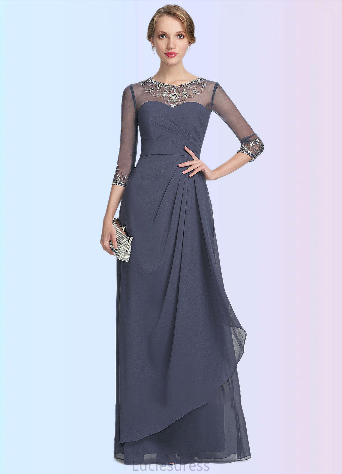 Lydia A-Line Scoop Neck Floor-Length Chiffon Mother of the Bride Dress With Beading Sequins Cascading Ruffles HF126P0014921