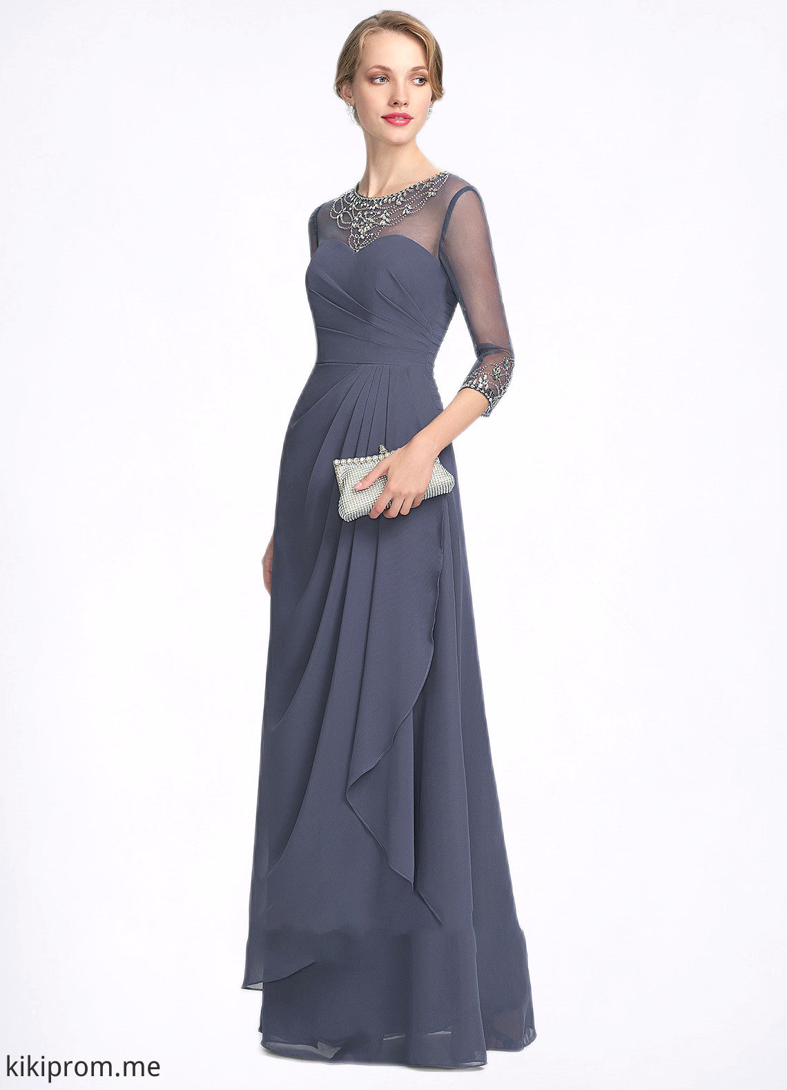 Rachael A-Line Scoop Neck Floor-Length Chiffon Mother of the Bride Dress With Beading Sequins Cascading Ruffles STF126P0014921