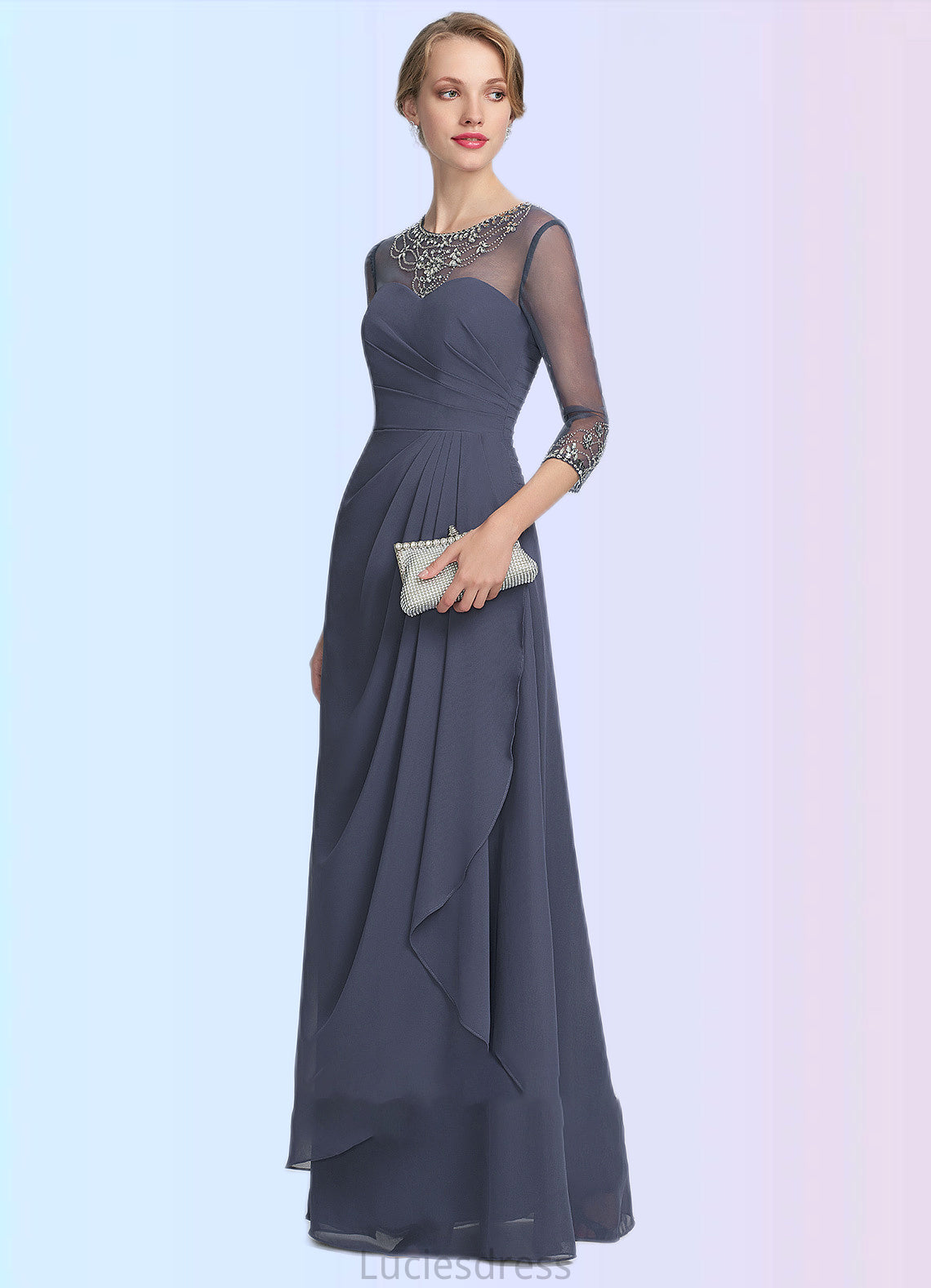 Lydia A-Line Scoop Neck Floor-Length Chiffon Mother of the Bride Dress With Beading Sequins Cascading Ruffles HF126P0014921