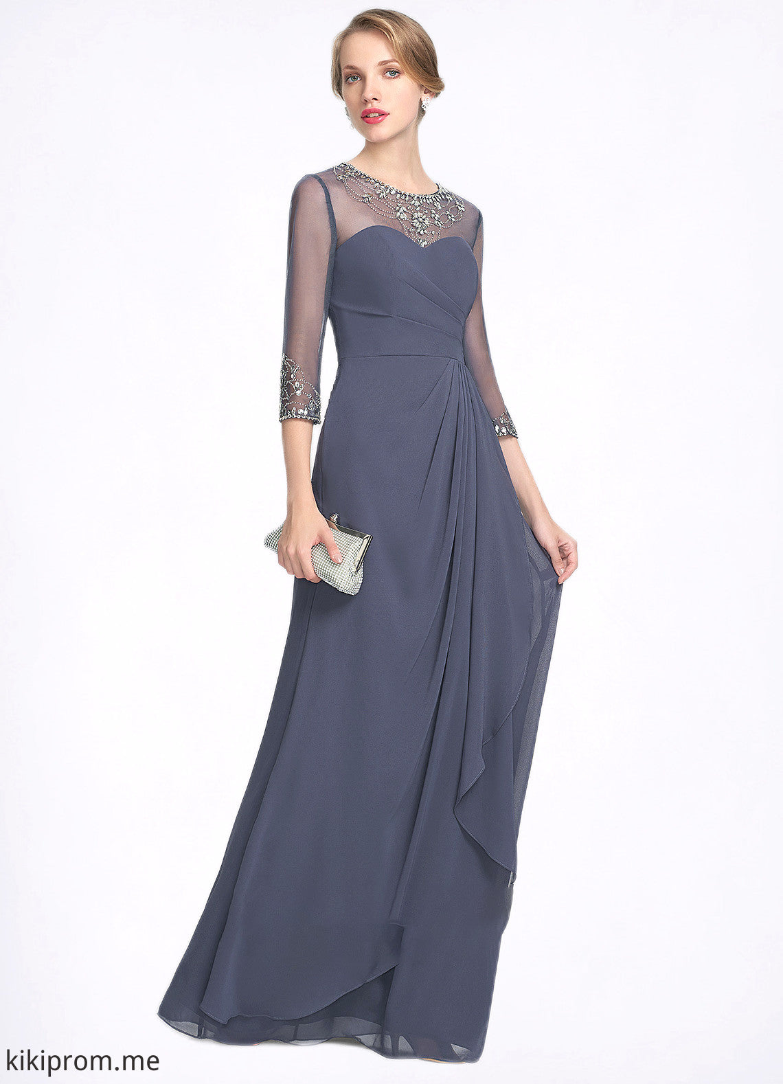 Rachael A-Line Scoop Neck Floor-Length Chiffon Mother of the Bride Dress With Beading Sequins Cascading Ruffles STF126P0014921