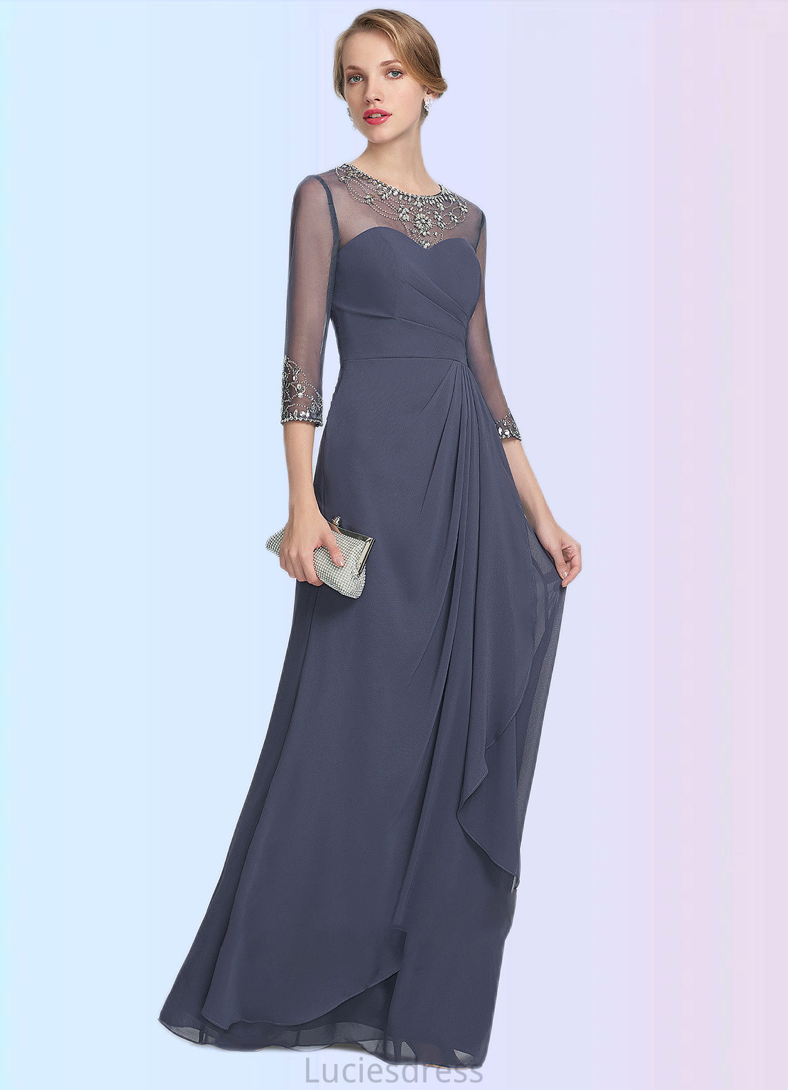 Lydia A-Line Scoop Neck Floor-Length Chiffon Mother of the Bride Dress With Beading Sequins Cascading Ruffles HF126P0014921