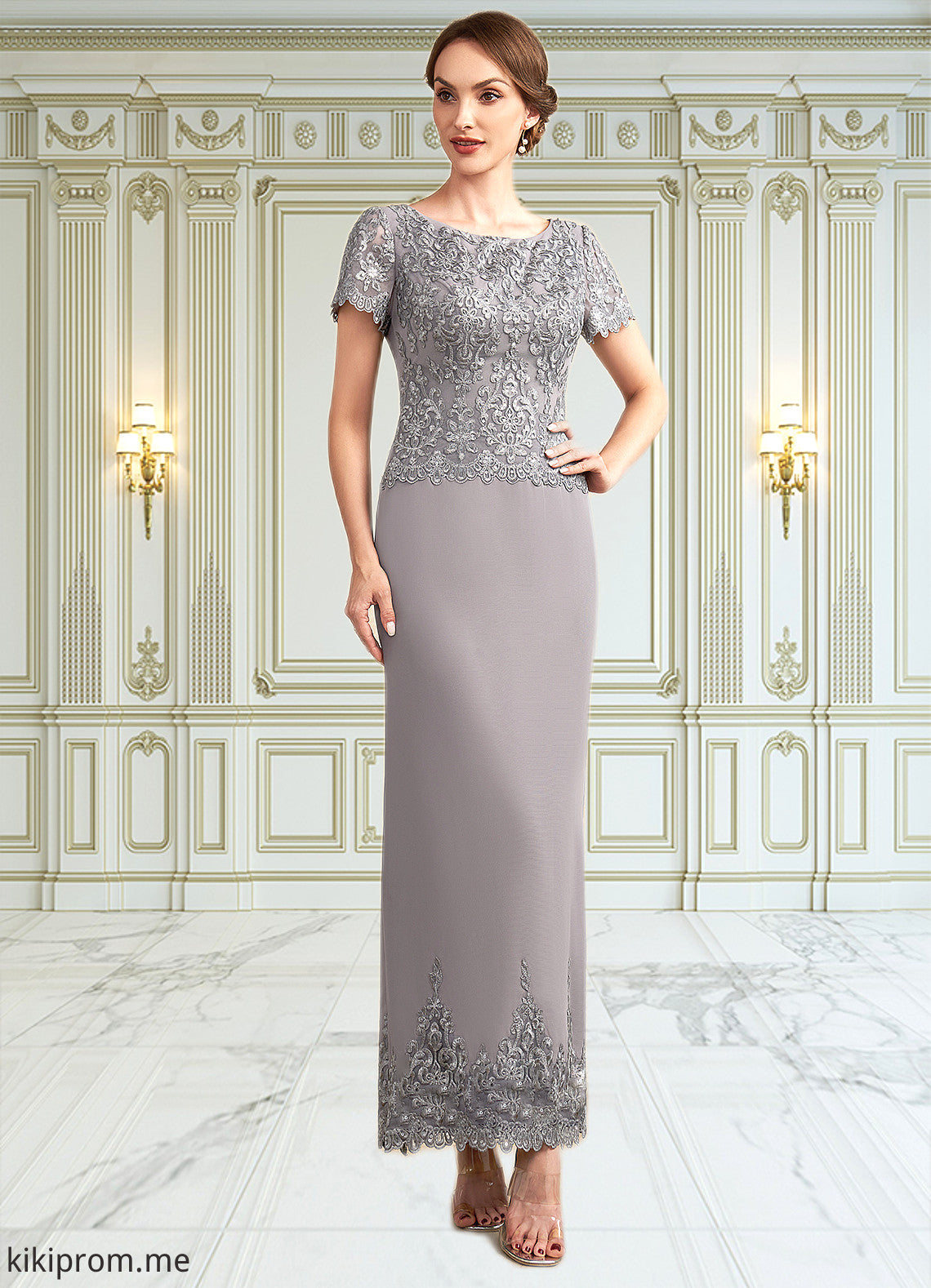 Penelope Sheath/Column Scoop Neck Ankle-Length Chiffon Lace Mother of the Bride Dress With Sequins STF126P0014922