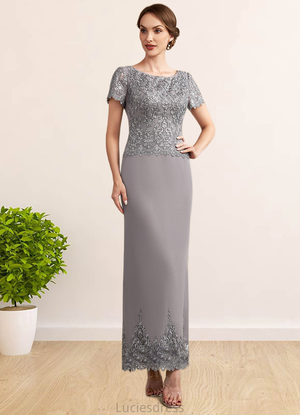 Frida Sheath/Column Scoop Neck Ankle-Length Chiffon Lace Mother of the Bride Dress With Sequins HF126P0014922