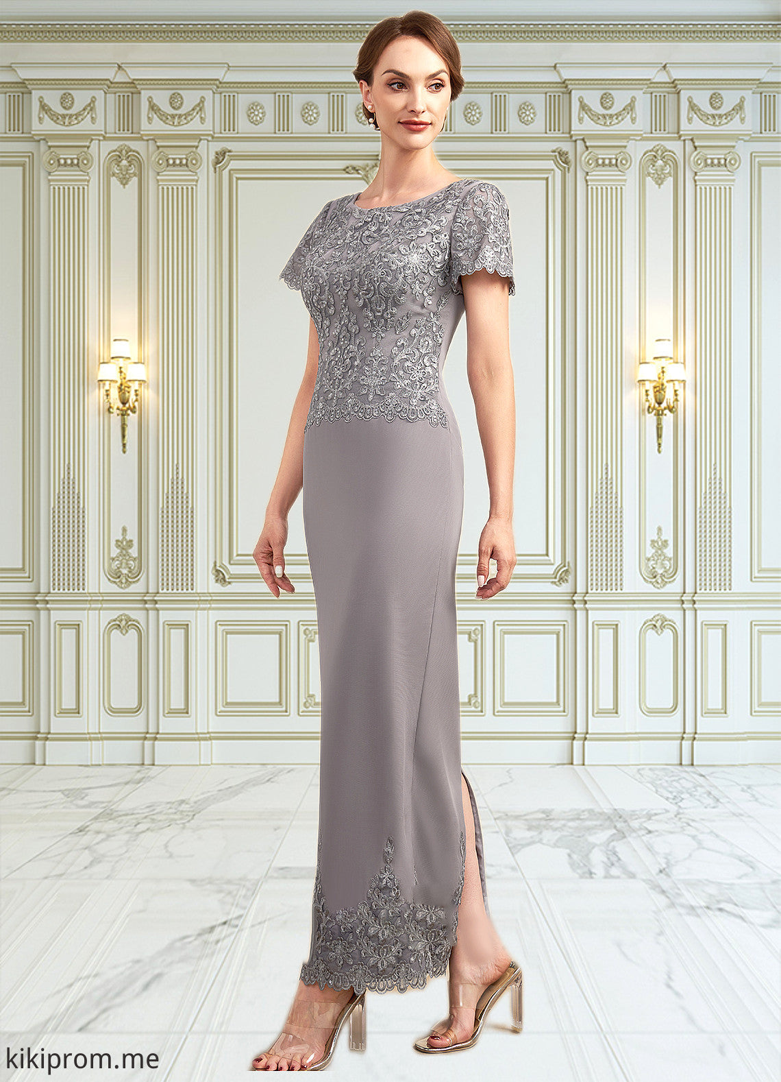 Penelope Sheath/Column Scoop Neck Ankle-Length Chiffon Lace Mother of the Bride Dress With Sequins STF126P0014922